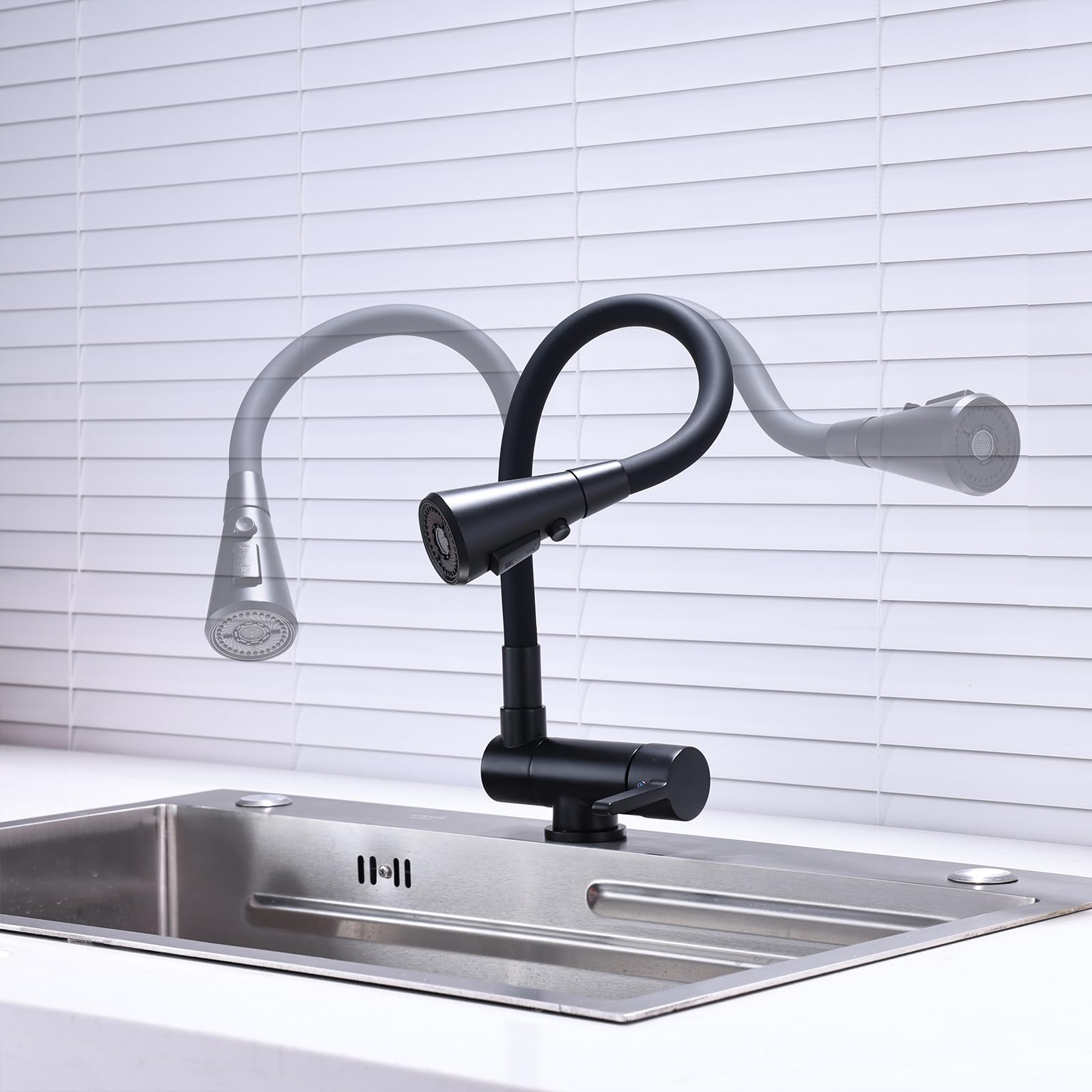 Grifo Abatible Grifo Cocina Flexible Negro Grifo Cocina Abatible Bajo Ventana Grifo Monomando Cocina, Mezclador de Fregadero con Caño Flexible Negro