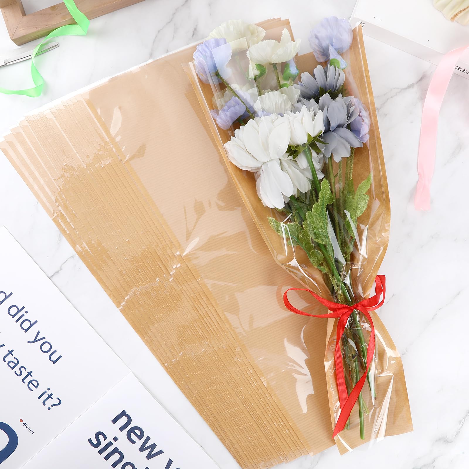 Fullhawl Blumenstrauß-Geschenktüten – 100 Stück Kraftpapier Mit Bändern, Rosa