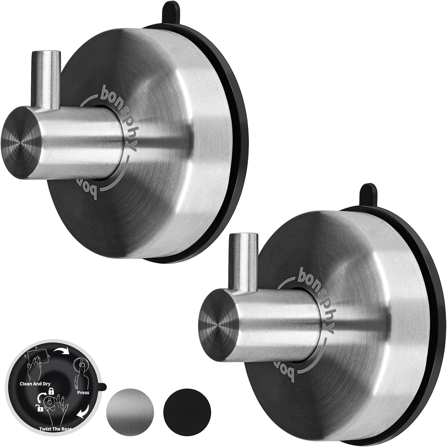 Suction Cup Shower Hooks with Stop-Tab, Brushed Nickel, 2 Pack
