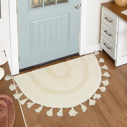 Miniatura 8 de Schweek Alfombra de baño bohemia de algodón de medio círculo con borlas, alfombra bohemia tejida a mano con alfombra antideslizante, alfombra de