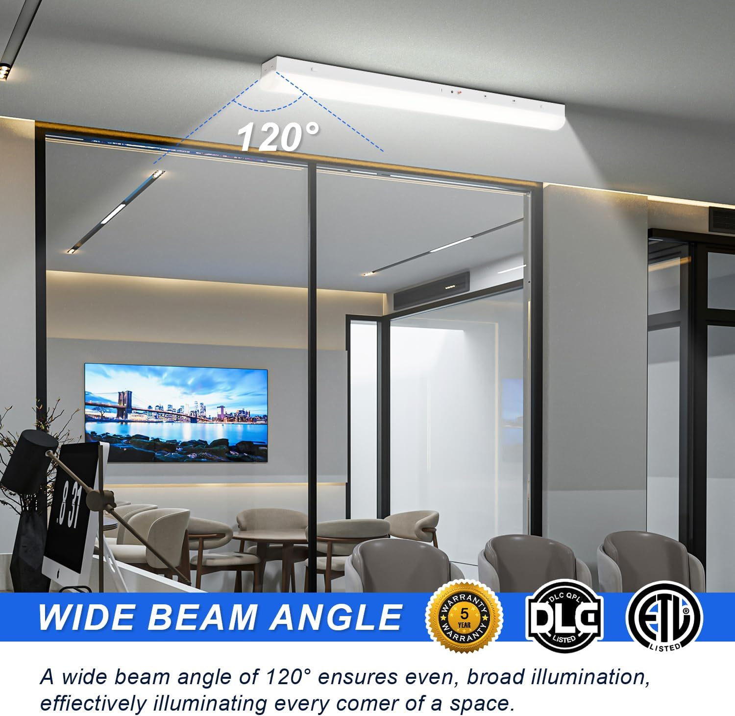 4FT LED Linear Strip Lights with 90 Mins Emergency Battery Backup, 24W/32W/40W Selectable, 3CCT 3500K/4000K/5000K, Dimmable Linkable LED Shop Ceiling Light, AC100-277V DLC ETL Listed (4 Pack)