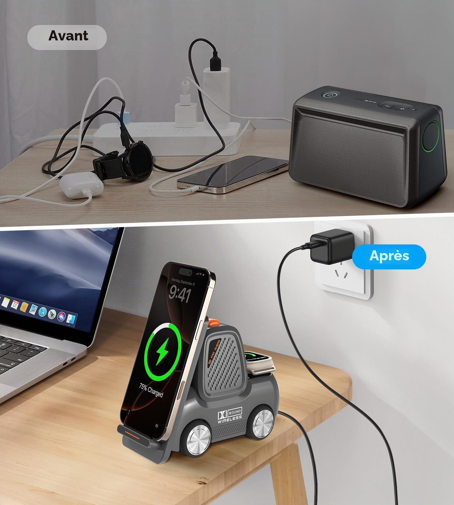 Station de charge sans fil pour chariot élévateur avec haut-parleur Bluetooth, chargeur rapide sans fil 4 en 1 pour plusieurs appareils, compatible avec iPhone 16 15 14 13 Pro Max Series, Apple iWatch