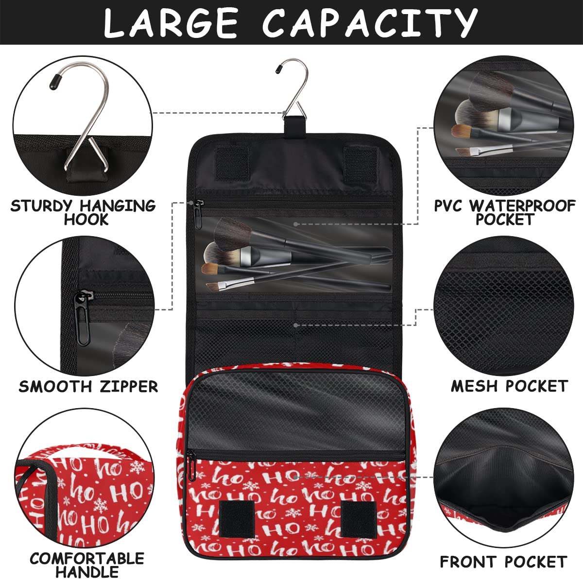 Świąteczna podróżna kosmetyczka Boże Narodzenie Ho List Wash Pouch Bag Unisex Wiszące przybory toaletowe Kosmetyczka Organizer do makijażu, wielobarwny, Jeden rozmiar