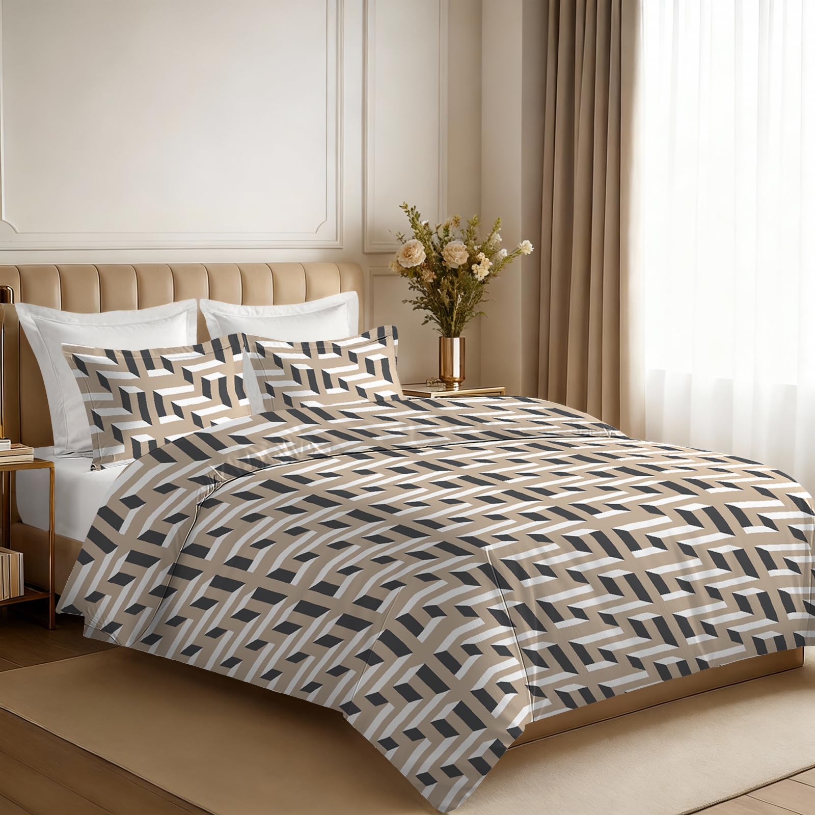 Pizuna Super King Size Duvet Cover Sets Cotton 230x220 Mosaic Brown (3Pc) 400 Thread Count 100% Long Staple Cotton Sateen Weave Bedding Set with Button Closure (Printed Duvet Cover & 2Pillowcase) โ image 1