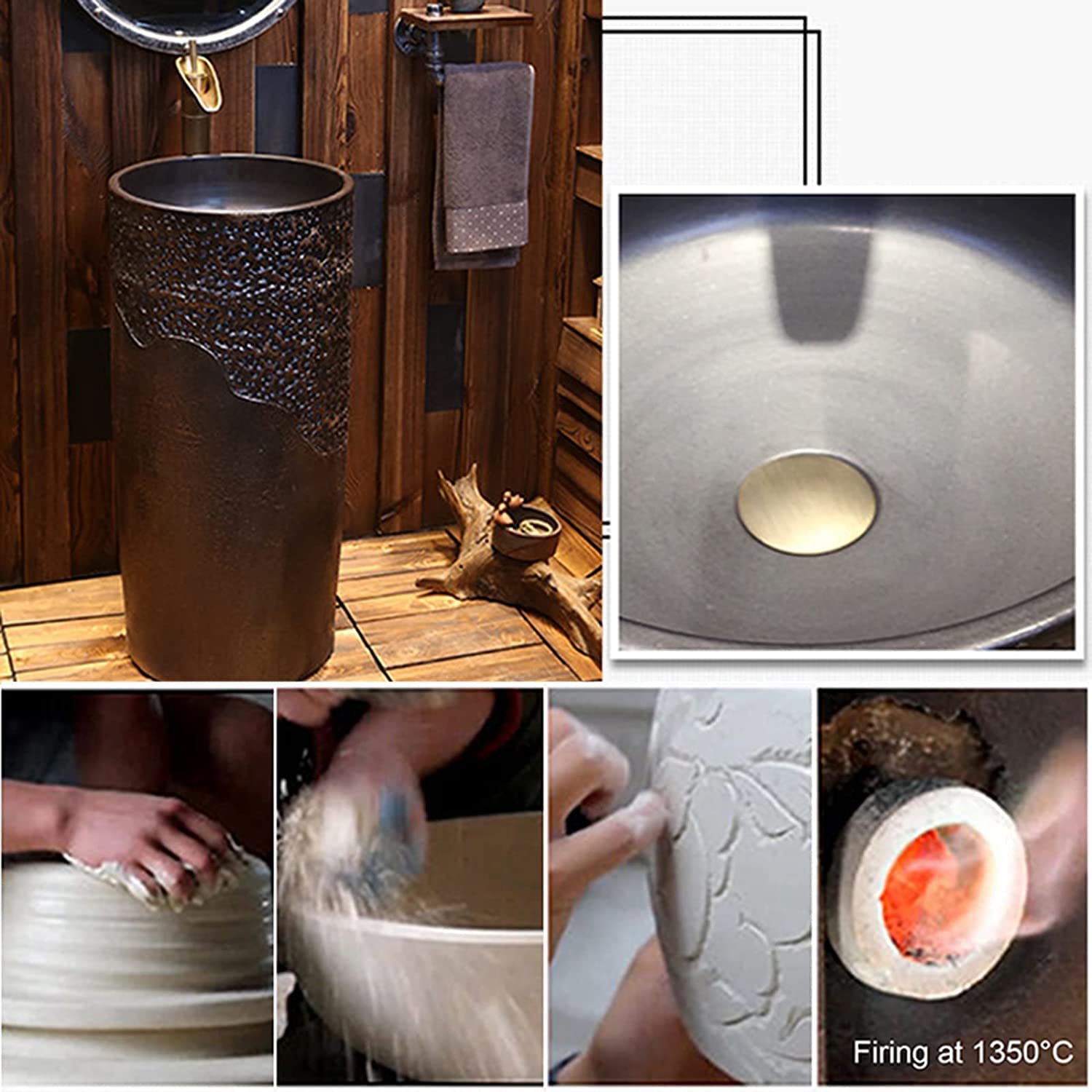 Fregadero de baño independiente con pedestal de cerámica con drenaje y grifo para interior y exterior, sin espejo