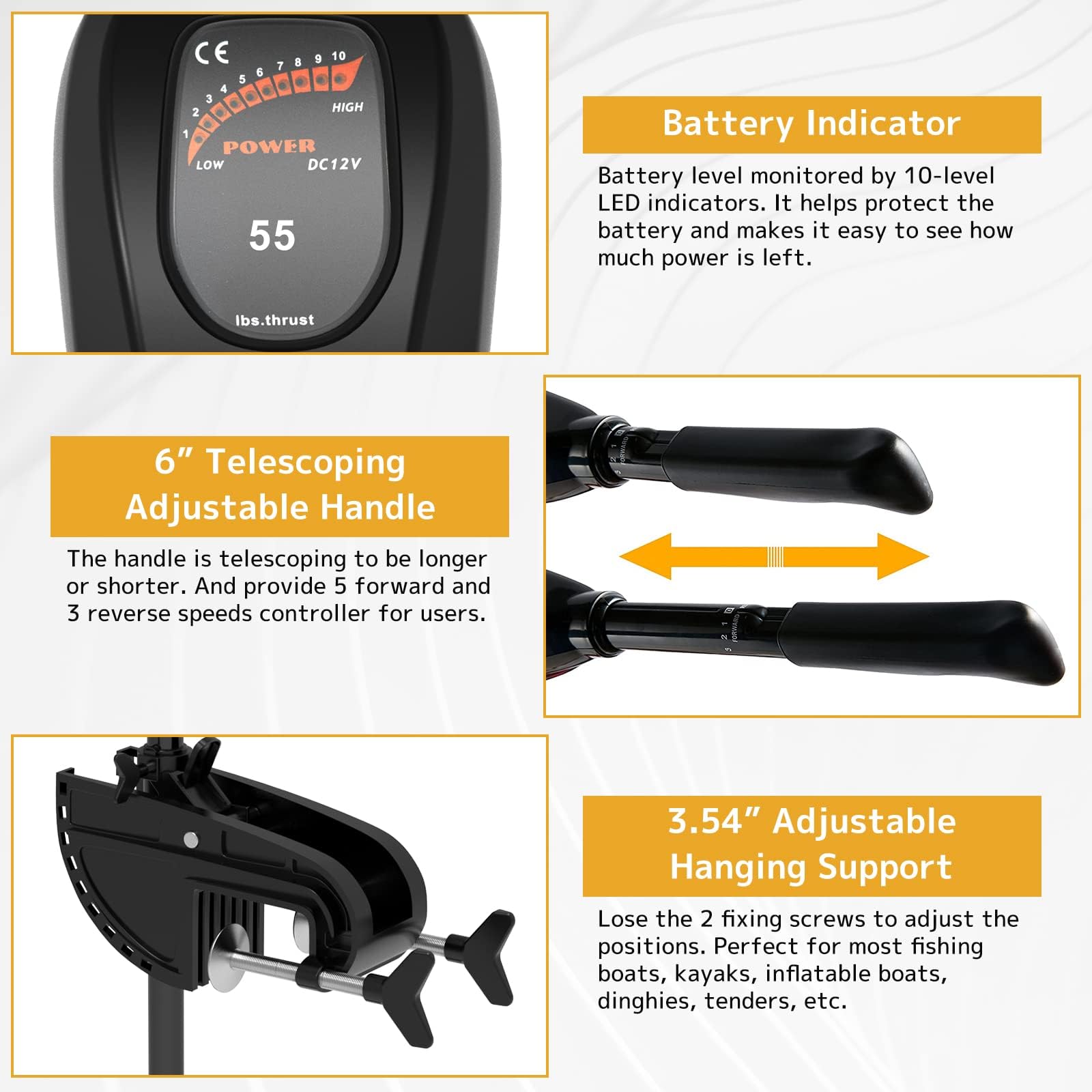 55 LBS Thrust Trolling Motor, 12V Transom Mounted Saltwater Electric Outboard Motor 8 Speed w/LED Battery Indicator and Telescoping Handle for Kayak, Inflatable Fishing Boats