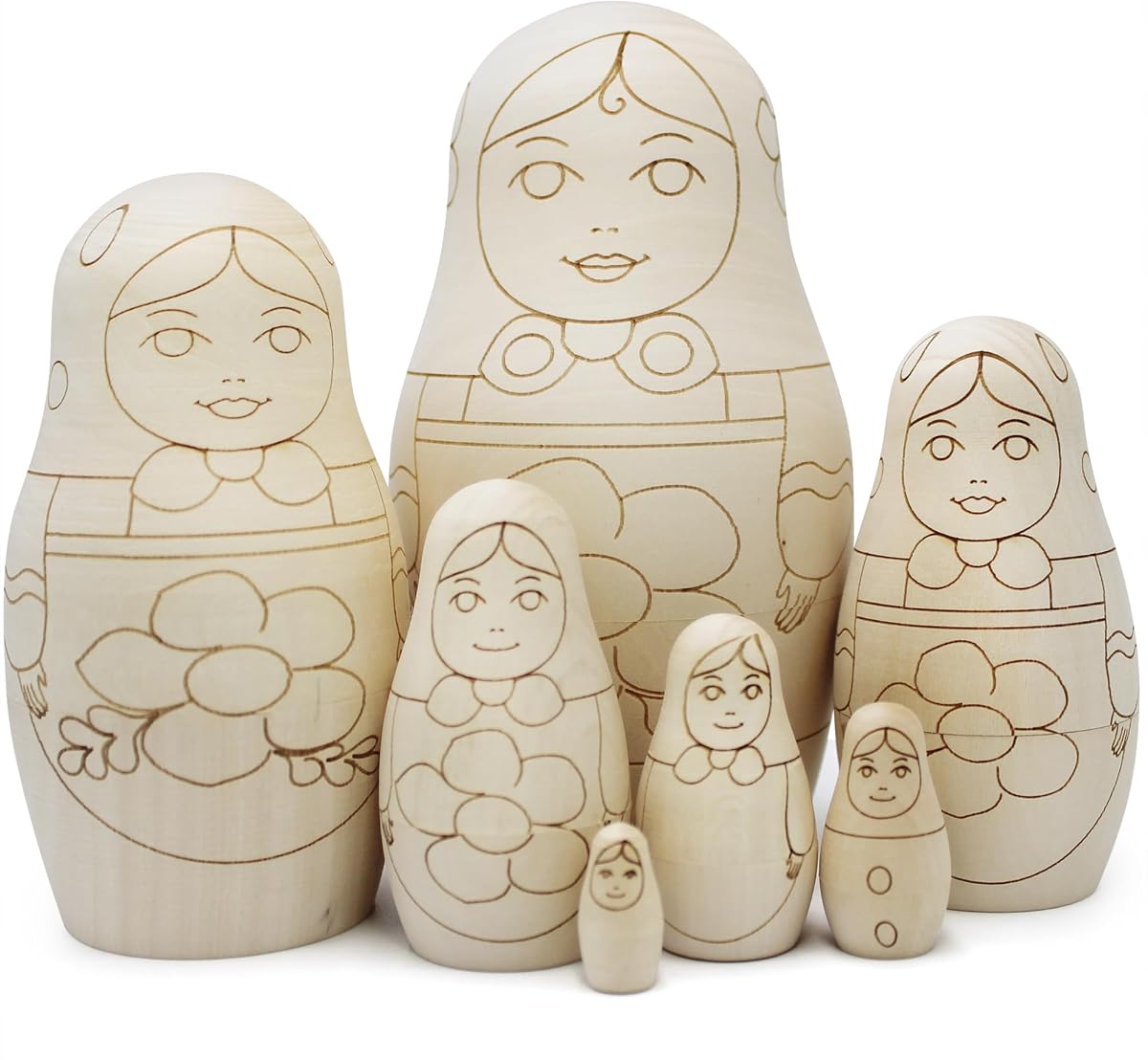 Juego de 7 piezas en blanco de muñecas nido sin terminar - Manualidades de madera para pintar tu propia matryoshka - Muñecas nido rusas en blanco sin pintar - Muñecas rusas en blanco