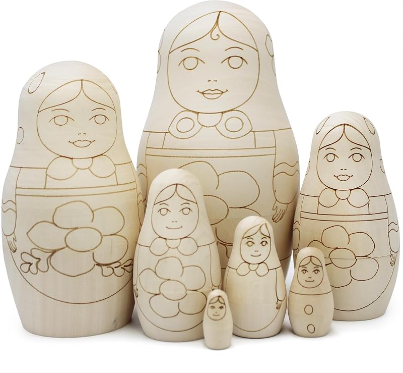 Unfinished Nesting Dolls Blank Set of 7 pcs - Wooden Crafts to Paint Your Own Matryoshka - Blank Russian Nesting Dolls Unpainted - Russian Dolls Blank