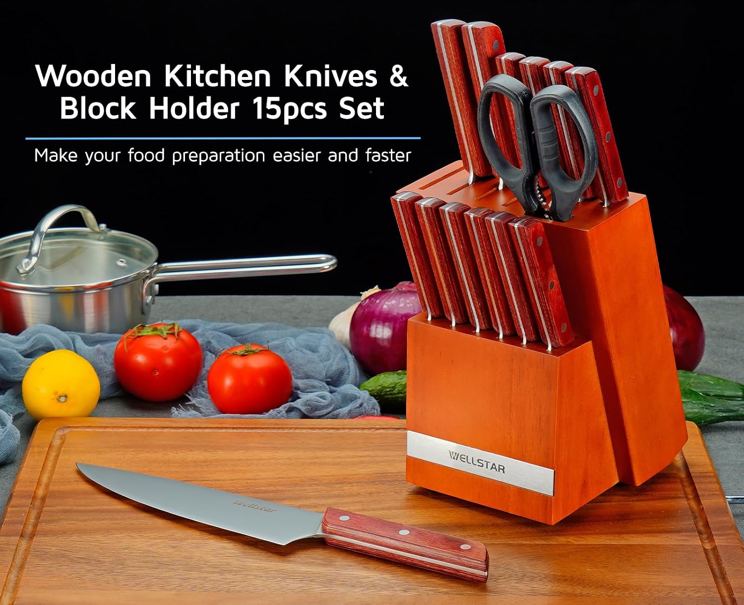Knives Set, 15-Piece Kitchen Knife Set with High-Carbon-Stainless-Steel Blades and Rubberwood Block