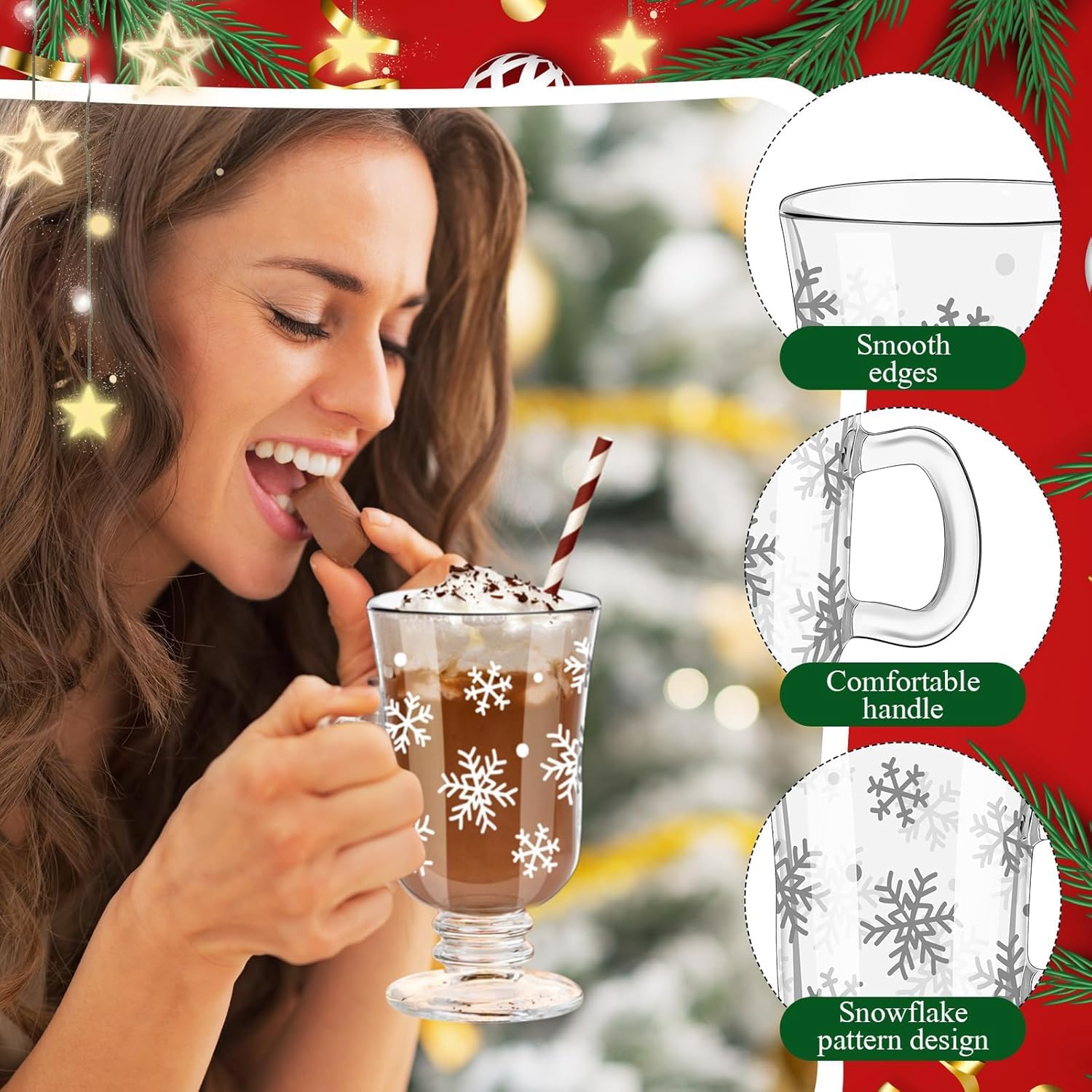 Sliner Kaffeetassen aus Glas mit Griff, 237 ml, transparent, irische Füße, Kaffeetassen, Winterurlaub, für Getränke, Latte, heiße Schokolade (Schneeflocke), 12 Stück