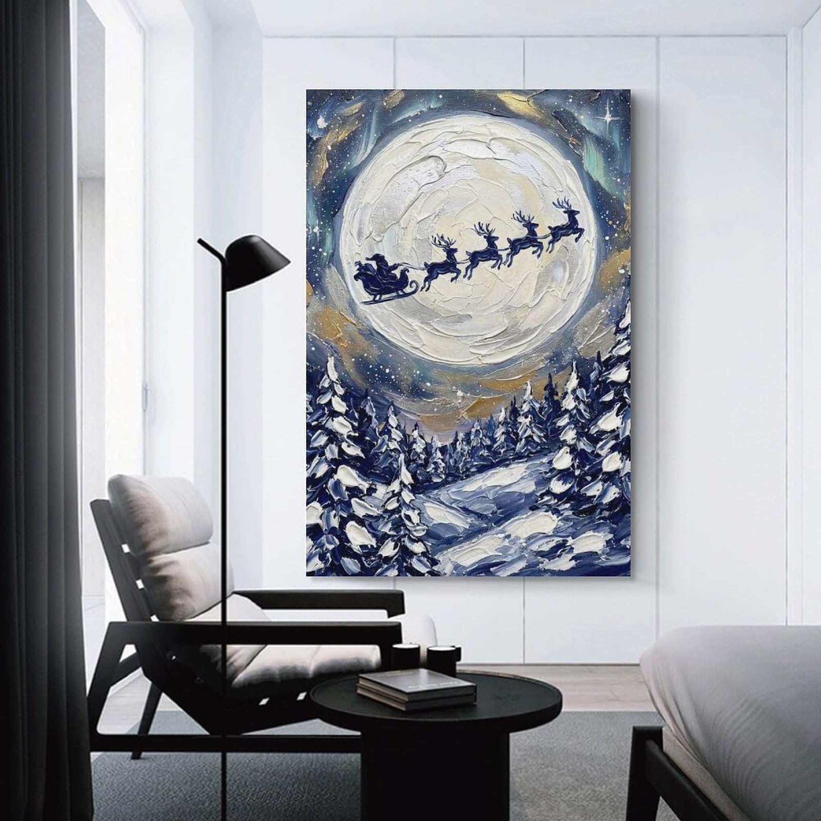 Junmoney Decorative Canvas Print Santas Sleigh Over Snowy Forest Painting, 20x30inch(50x75cm), for Home Office, Desk Area Or Studio, Home Office Artwork with Decorative Appeal