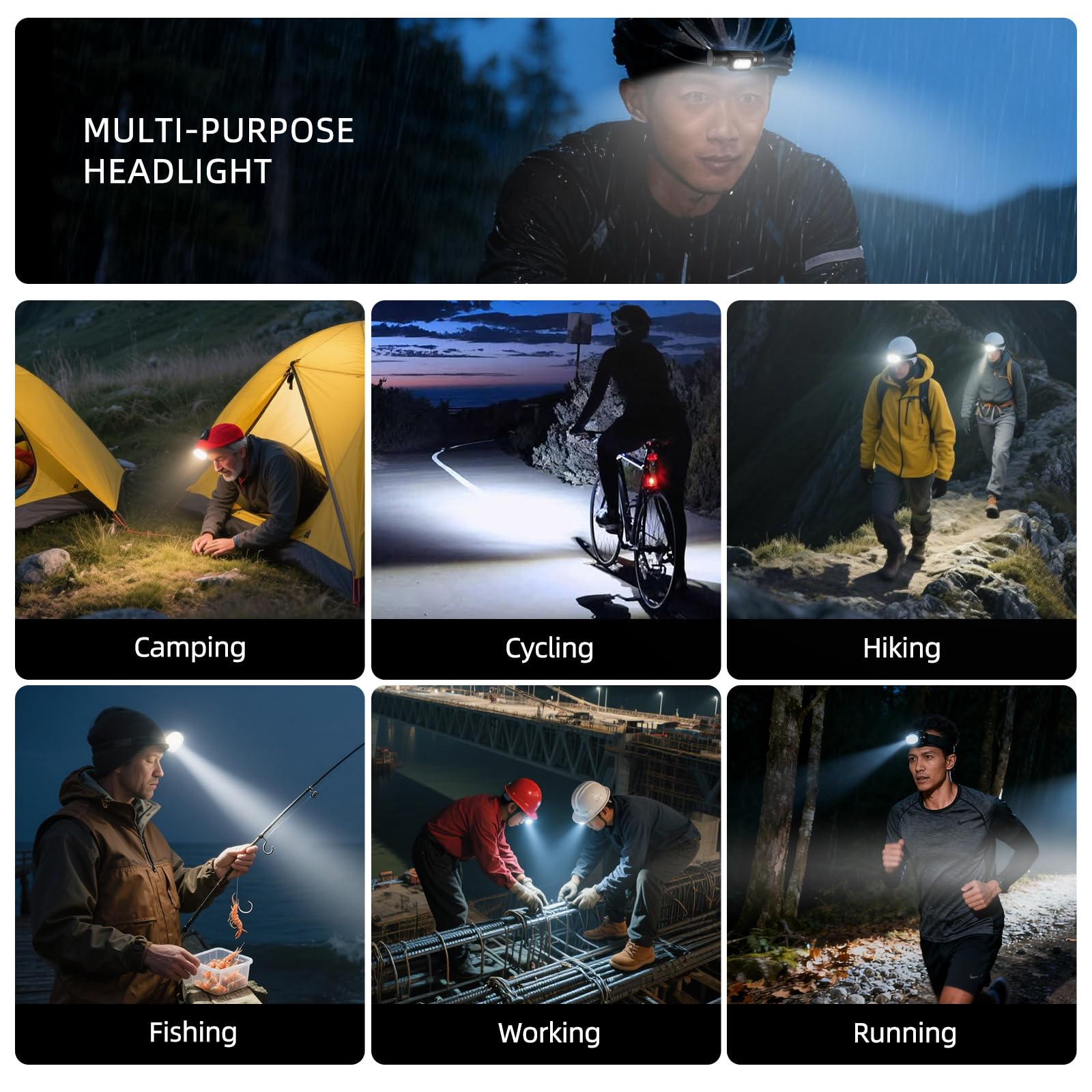 Lampe frontale rechargeable, 1800 lumens, super lumineuse, légère, 0,1 kg, 3200 mAh, 7-65 h, étanche IPX4, pour promener le chien, camping, randonnée et chapeaux durs