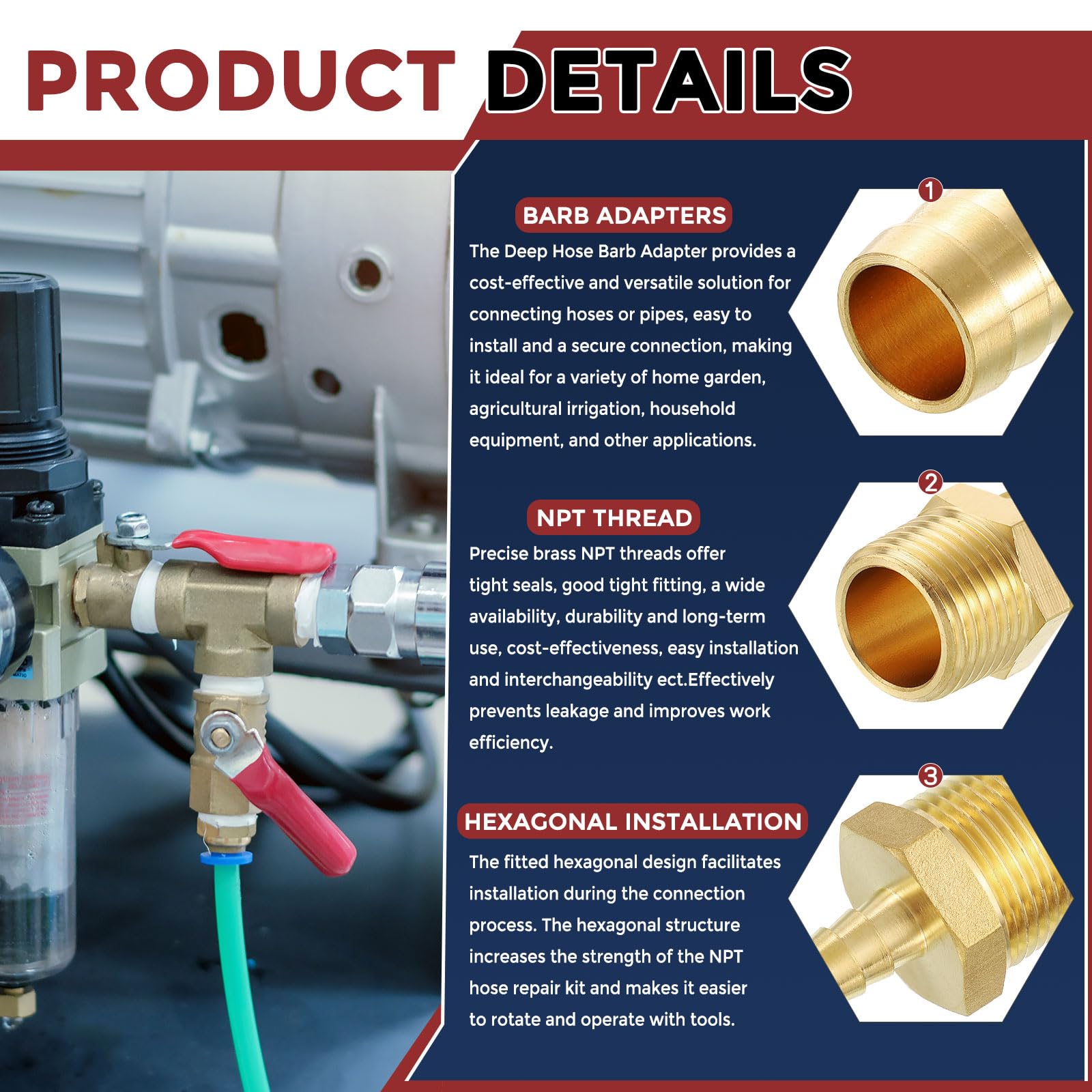 Confezione da 8 raccordi in ottone per tubi flessibili da 2,5 cm a 1/2" NPT maschio, raccordi per macchine domestiche, vasche da bagno massaggi e sistemi di irrigazione