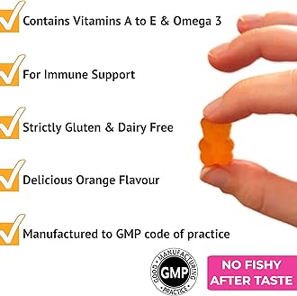 Nutripact Kids Multivitamin & Omega 3 Gummies | Ages 2+ | 30 Orange Flavour Chewable Sugar Free Gummies | with Vitamins A, B C, D, E, | DHA & EPA | Supports Immunity, Brain, Energy, Vision & Growth