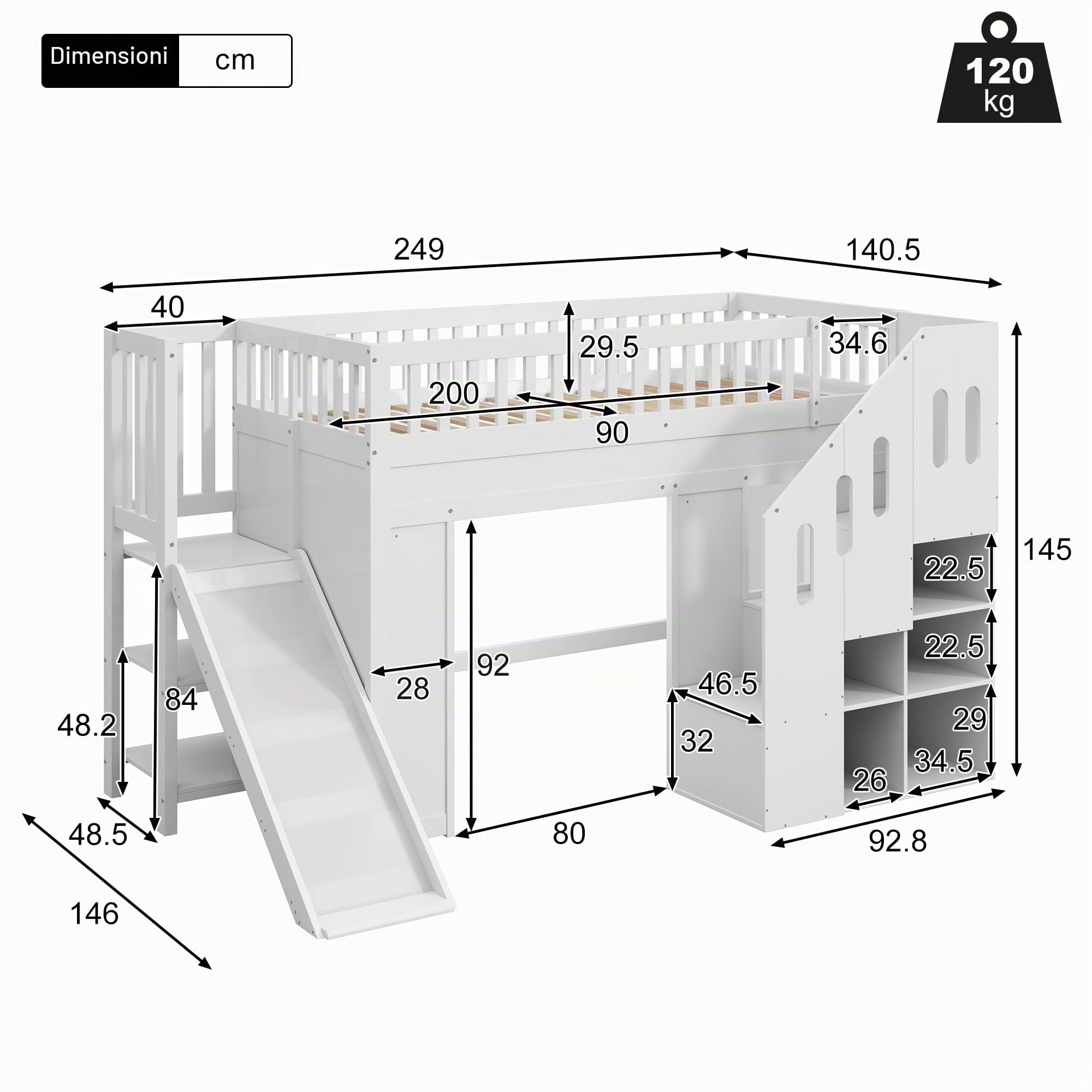 Letto a castello, letto a soppalco, 90 x 200 cm, con scivolo, protezione da cadute e scala di stoccaggio, letto per ragazzi, con striscia luminosa a LED, in legno massiccio, bianco