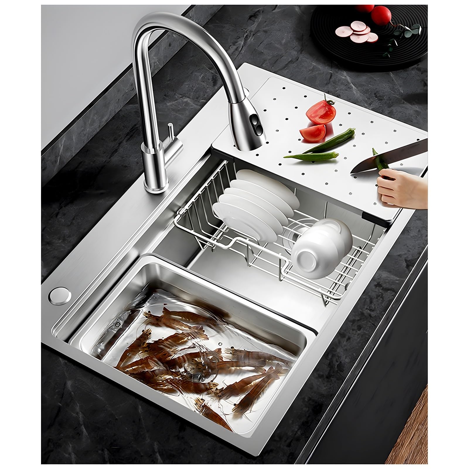 AIVANOTO 60 x 50 cm Kitchen Sink Made of 304 Stainless Steel with Cutting Board, Drip Basket, Drain Pipe, Silver Kitchen Bar Sink, Large Single Sink, Household Sink
