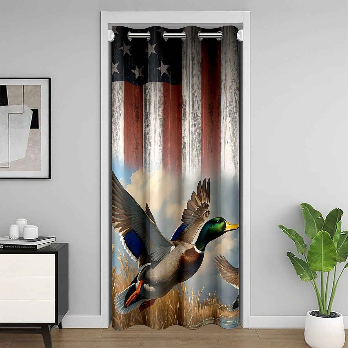 Castle Fairy Retro American Flag Door Curtain for Doorways Privacy Flying Ducks Wild Animal Doorway Curtain Patriotic Country Style Blackout Curtain Reed Plant Blue Sky Door Drape, 34" W X 80" L