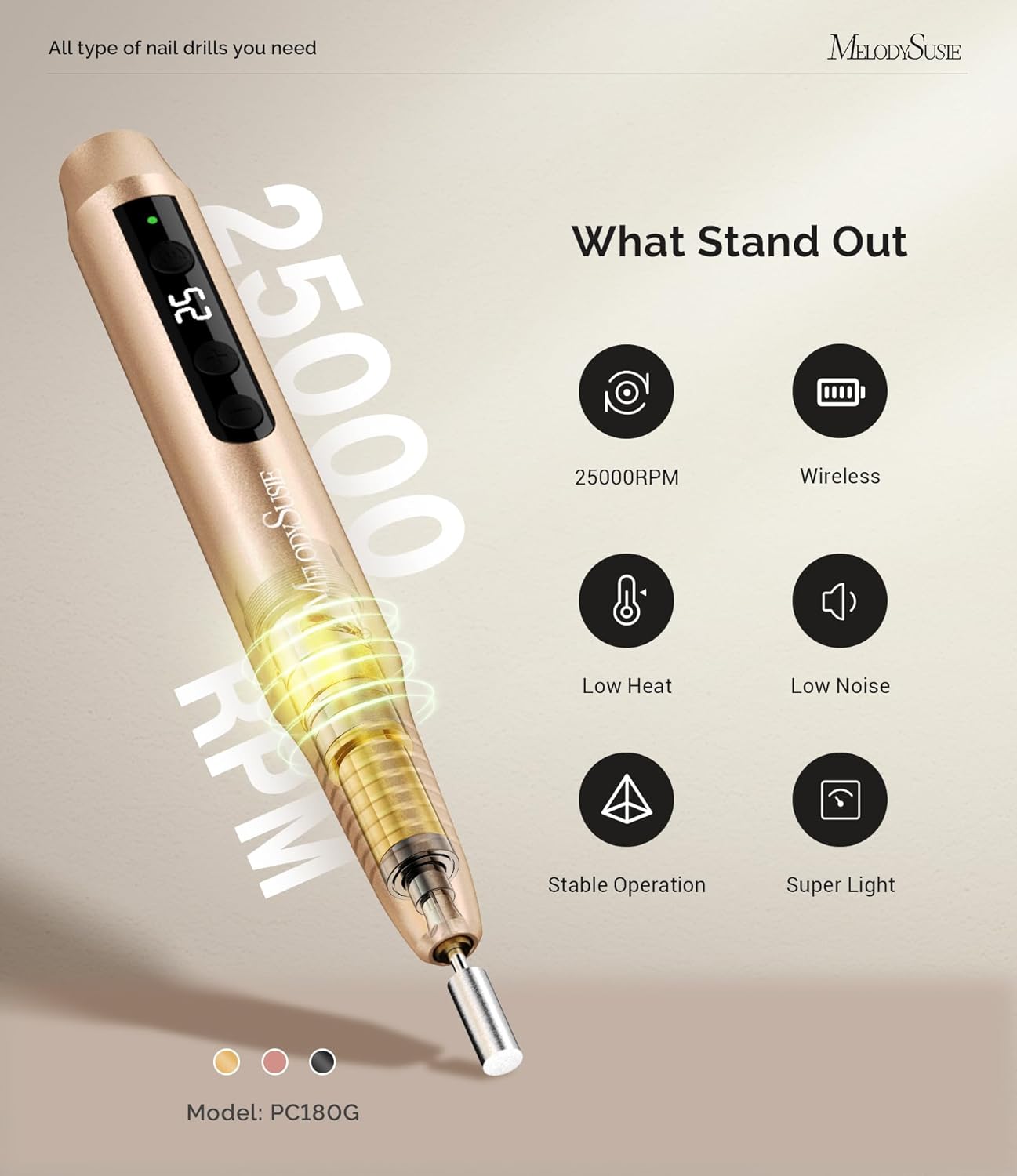 A five-step visual guide showing how to use the MelodySusie PC180G Electric Nail Drill, including inserting the drill bit, turning on/off, pausing, adjusting speed, and normal use.
