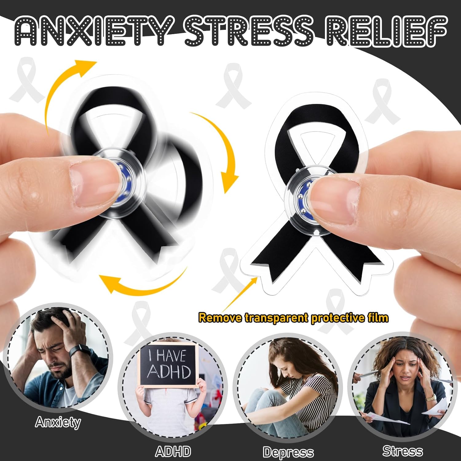 Arrowbash 100 Pcs Black Ribbon Fidget Spinners Bulk Melanoma Skin Cancer Awareness Acrylic Fidget Spinners Sleeping Disorder Awareness Gifts for Charity Public Social Event Graduation Funeral Memorial