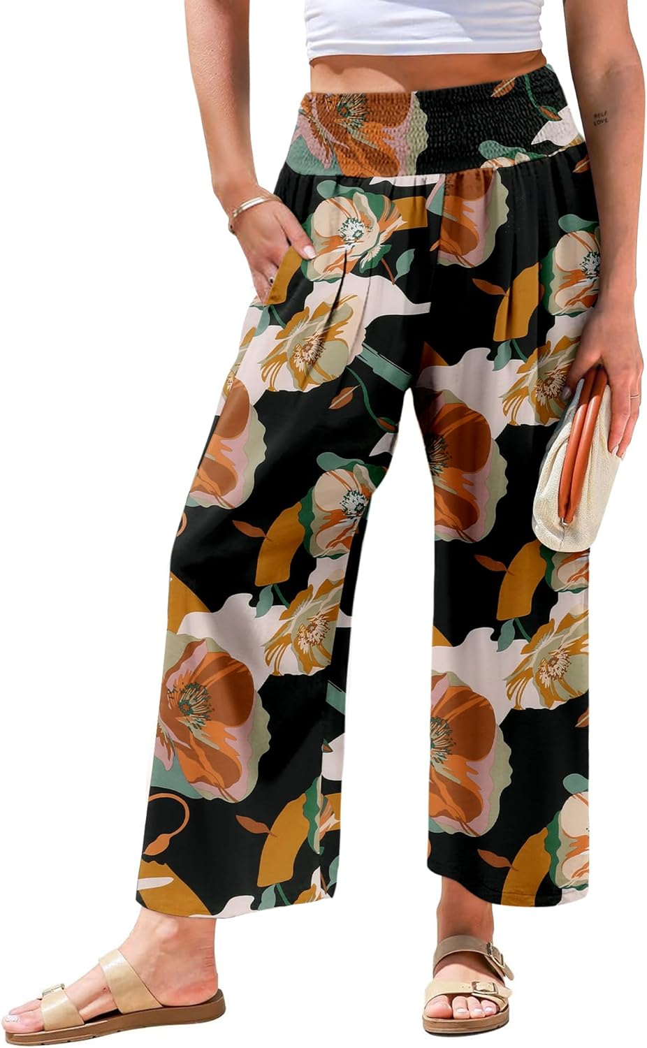 Angerella Women's Wide Leg Pants Casual High Waisted Palazzo Pants Summer Flowy Beach Lounge Trousers with Pockets