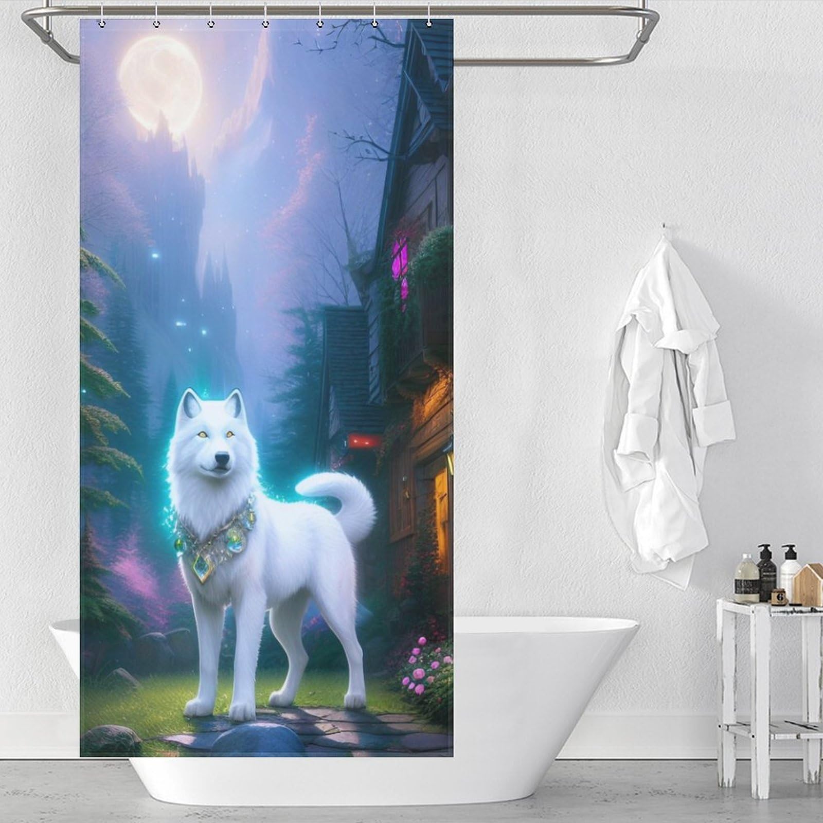 Rideau de douche loup hydrofuge en tissu polyester 92x183cm pour petite cabine de douche