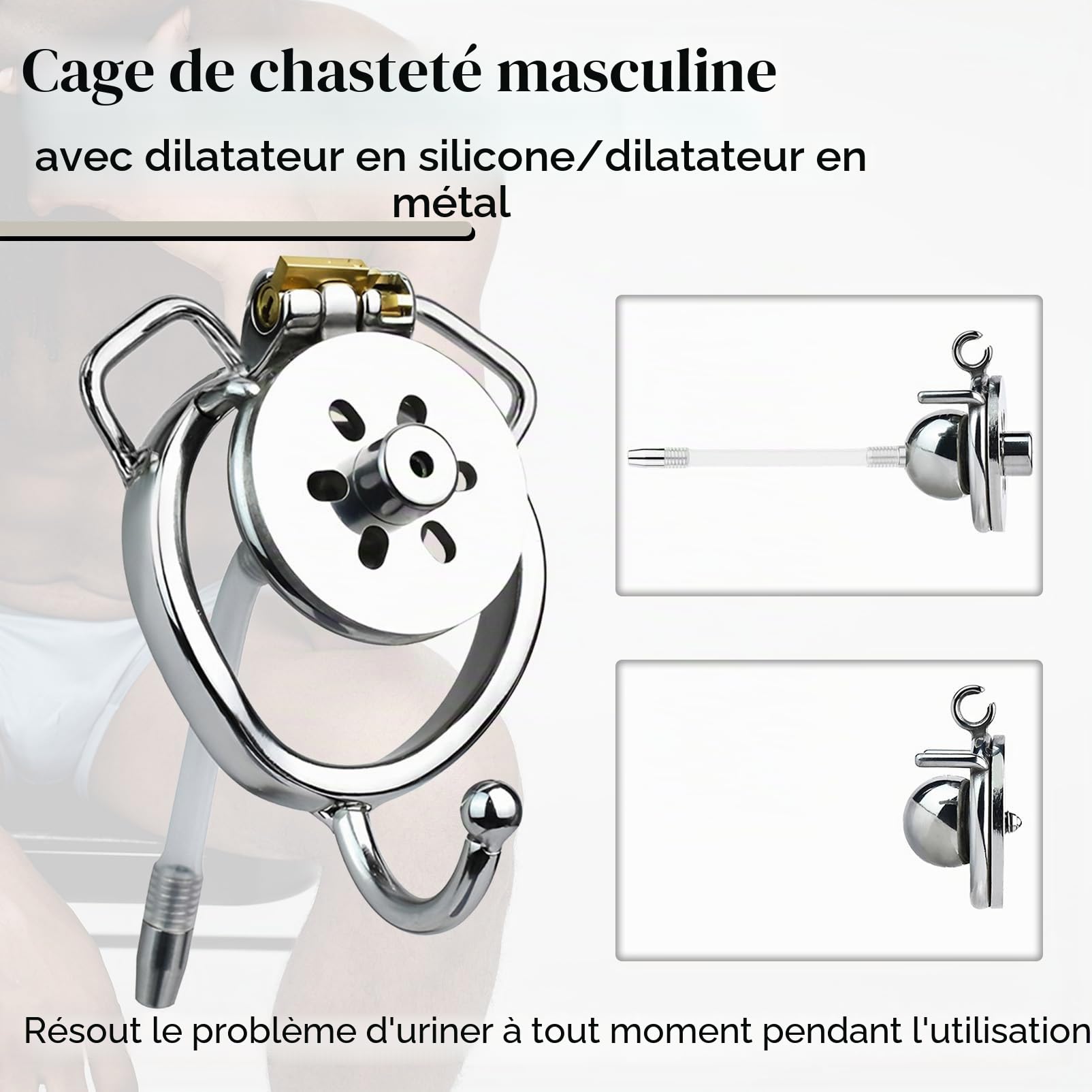 Cage de chasteté pour hommes Set avec dilatateur et ceinture de chasteté Métal Cage de chasteté plate Négatif Portable Extrême SM Cock Bondage Sex Toys pour hommes, couple (45mm-Arc ring,192+Belt)