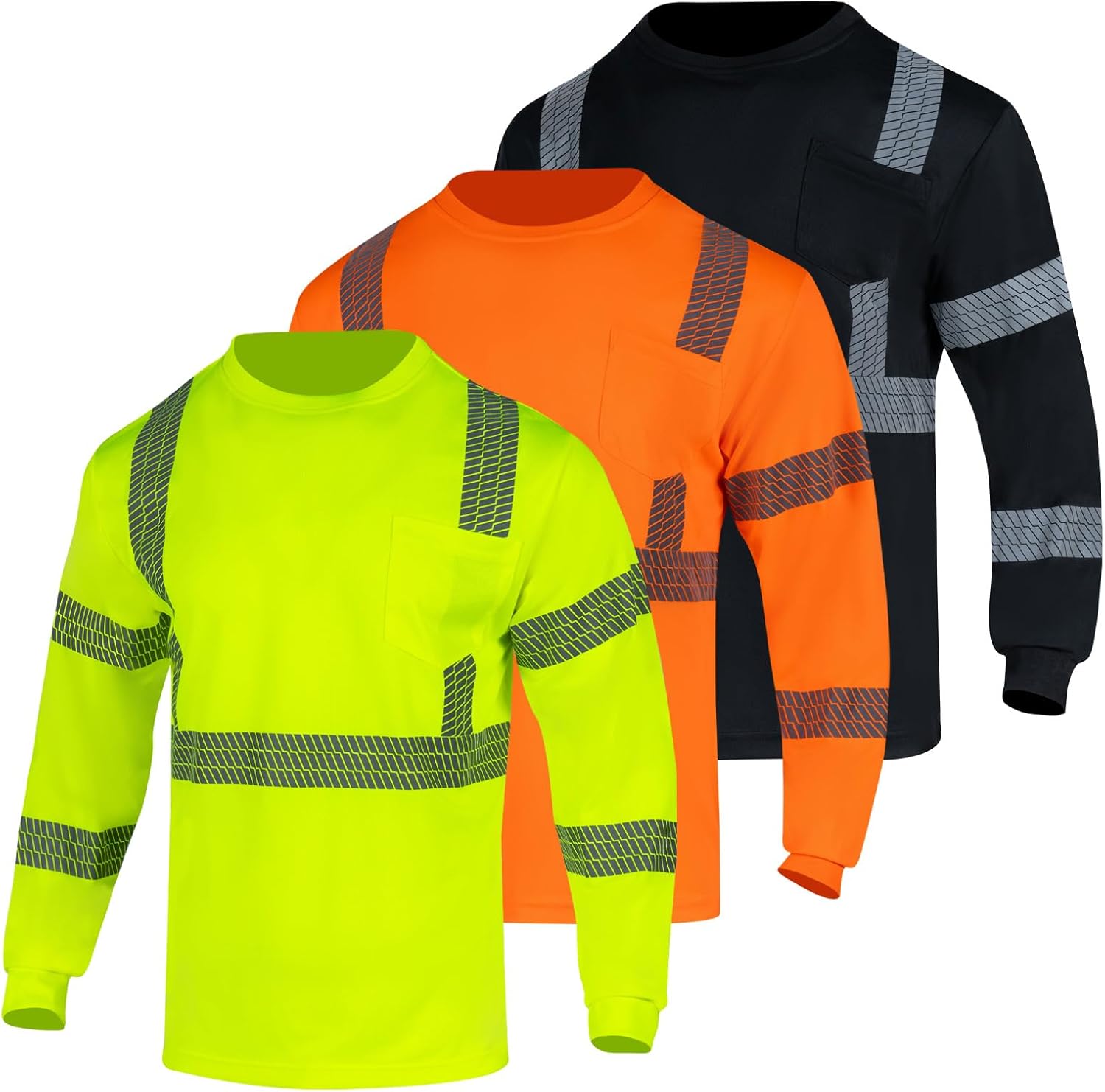 3PCS Safety High Visibility Reflective Shirts for Men Long Sleeve Hi Vis Class 3 Workwear Breathable and Lightweight