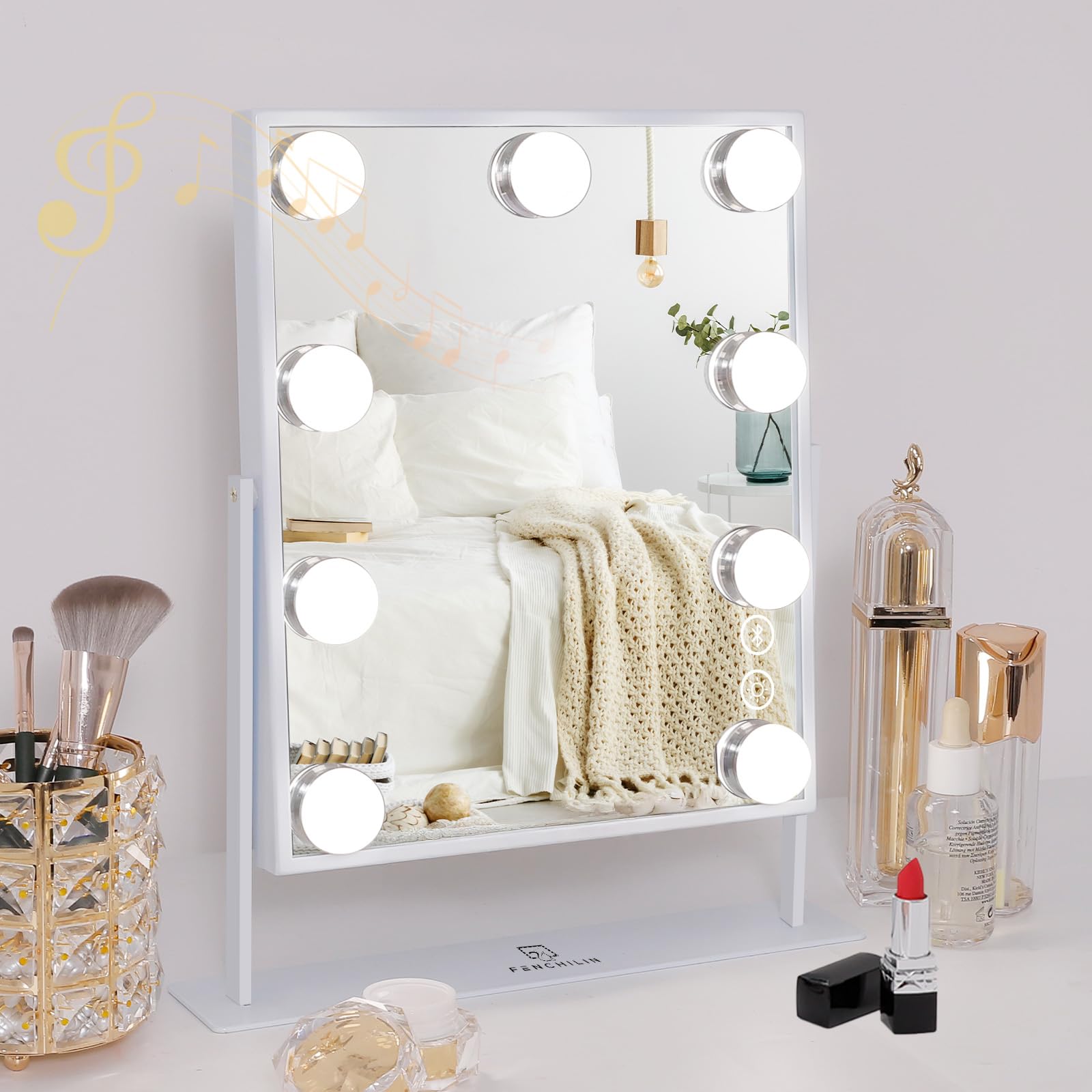 FENCHILIN White Hollywood Vanity Mirror with Lights 9 Dimmable Bulbs Wireless Charger Bluetooth Speaker Makeup Mirror with Smart Touch Control for Glam Room Bedroom Detachable 10X Magnification…
