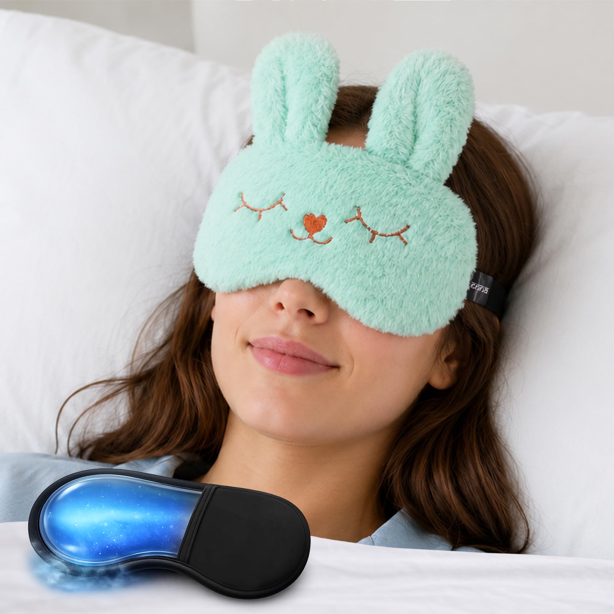 Jenna™ Cute Fur Gel Sleeping Eye Shade Mask Cover for Insomnia, Meditation, Puffy Eyes and Dark Circles Bunny Green