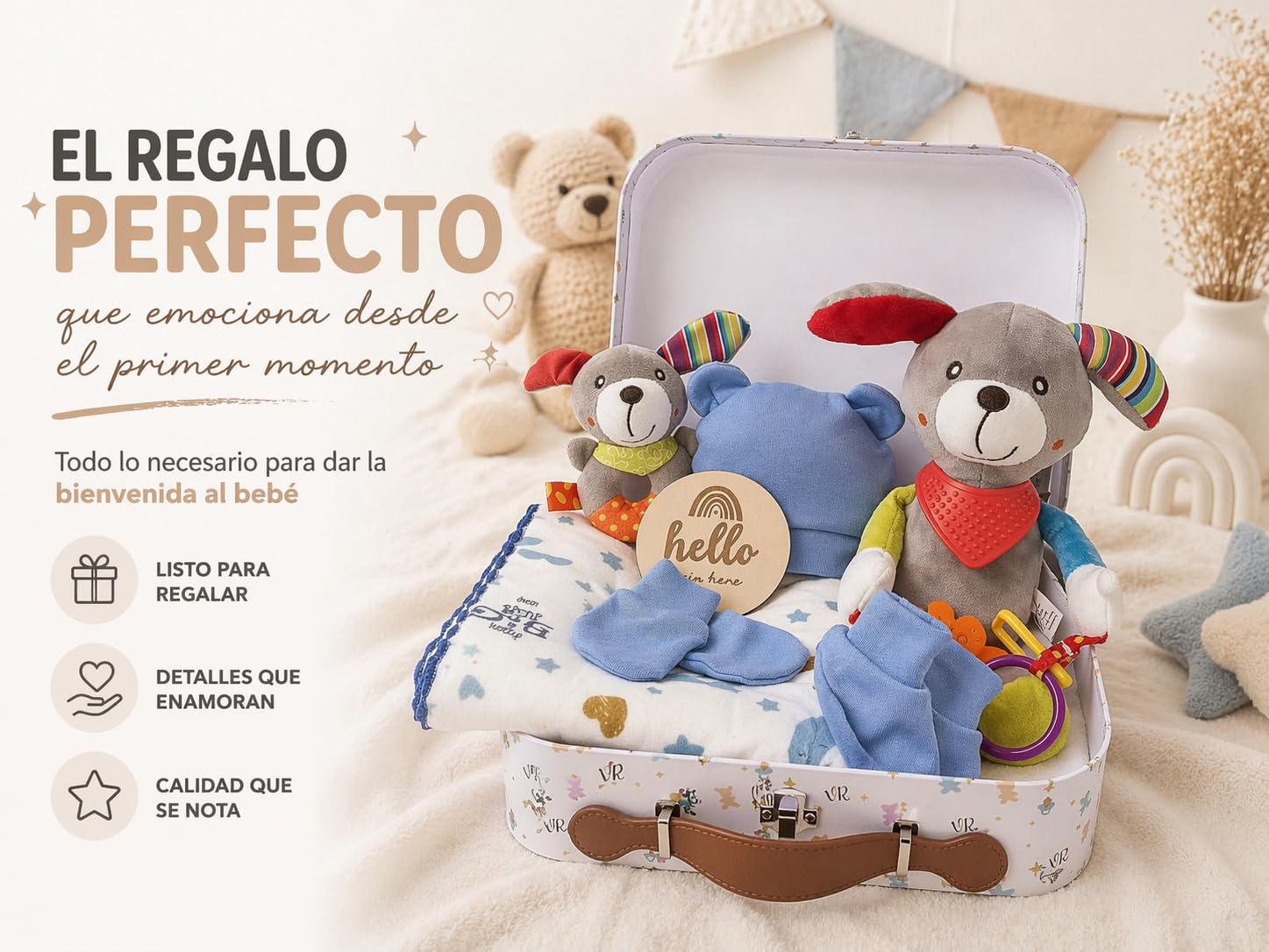 Canastilla Regalo para Bebé recién nacido. Cesta regalo para bebé recién nacido Incluye: Maletín, Manta, Conjunto de Ropa 100% algodón orgánico, Peluche, Sonajero, Tarjeta de Bienvenida