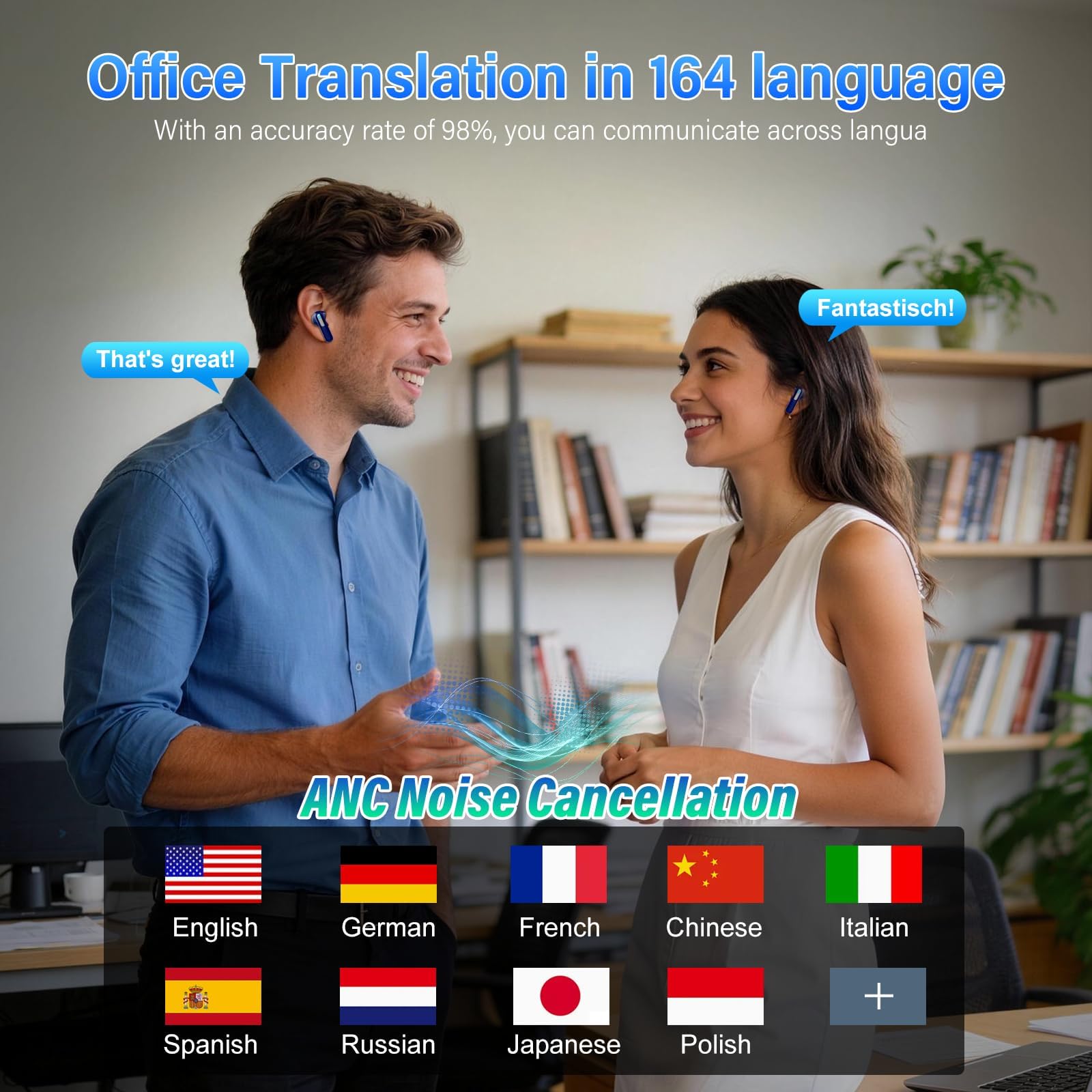 AI Auriculares Traductor en Tiempo Real con Pantalla Táctil LED, 3 en 1 Auriculares Traductores de Idiomas, 6 Modos Traducción con 164 Idiomas, Reducción de Ruido ANC+ENC, 5 Modos EQ, 48H, Bleu