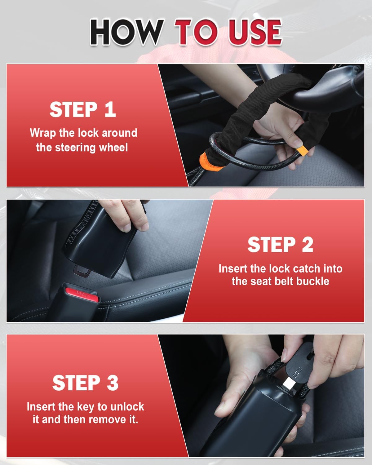 Steering Wheel Lock Anti-Theft Device, Adjustable Car Security Lock with Seat Belt Design, 10 mm Braided Steel Cable, Universal Fit for Cars, SUVs, Trucks, Vans