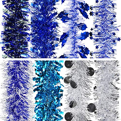 8 Set Assorted Blue Christmas Tree Garland Holiday Hanging Sparkly Metallic Blue Sliver