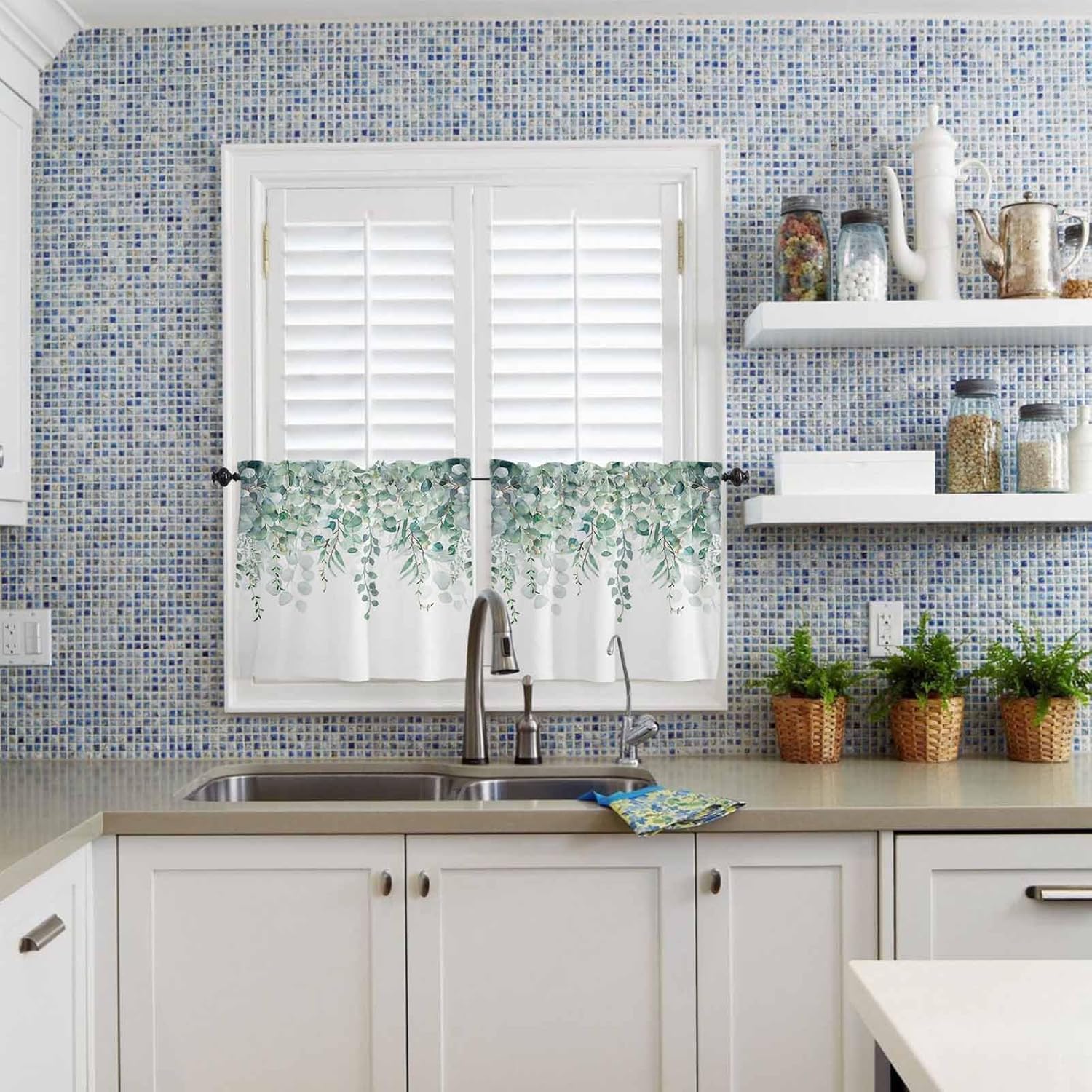 Kitchen Curtain Valance and Tiers Set Green Eucalyptus 3 Pc Window Treatment Watercolor Leaves 3 Pieces Rod Pocket Valance Set for Small Windows 54 in x 24 in
