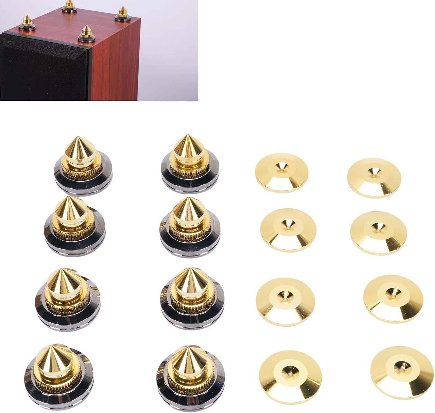 8 Pack Speaker Spike Pad Kit, Shockproof Speaker Isolation Spikes Stand Foot with Base Pads, Copper Amplifier Spikes Mat for Turntable Subwoofer CD DVD Player Recorder