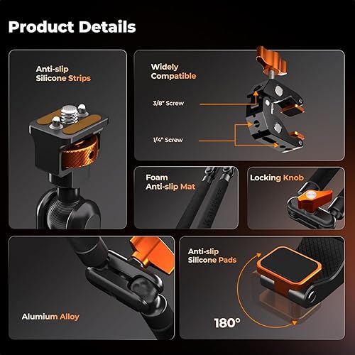 Miniatura 6 de K&F CONCEPT Kit de abrazadera de brazo mágico de 22 pulgadas, soporte de cámara de escritorio superior, brazo articulado largo de fricción