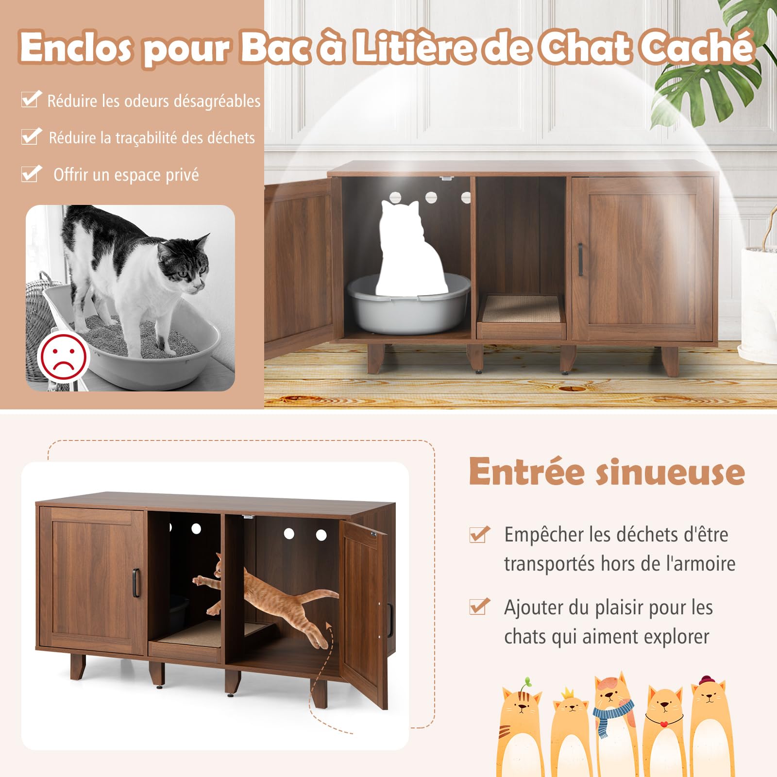 COSTWAY Meuble Litiere Chat en Bois, Cache Litiere Chat Double Porte 3 en 1, Planche à Griffer, 6 Pieds Surélevés Amovibles, 6 Passe-Câble, Maison de Toilette Chaton, 120 × 52 × 65 CM, Brun