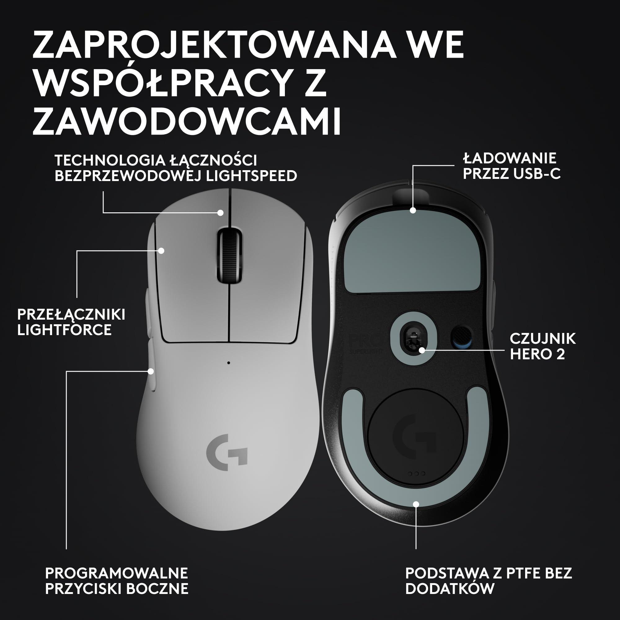 Bezprzewodowa mysz do gier Logitech G PRO X SUPERLIGHT 2 DEX LIGHTSPEED, lekka mysz klasy profesjonalnej o wadze 60 g, z 5 programowalnymi przyciskami, ładowaniem przez USB-C