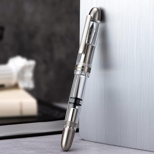Asvine Pluma estilográfica de titanio P36 Pluma de llenado de pistón de acrílico transparente, Bock Broad Nib Smooth Writing Pen Case Set