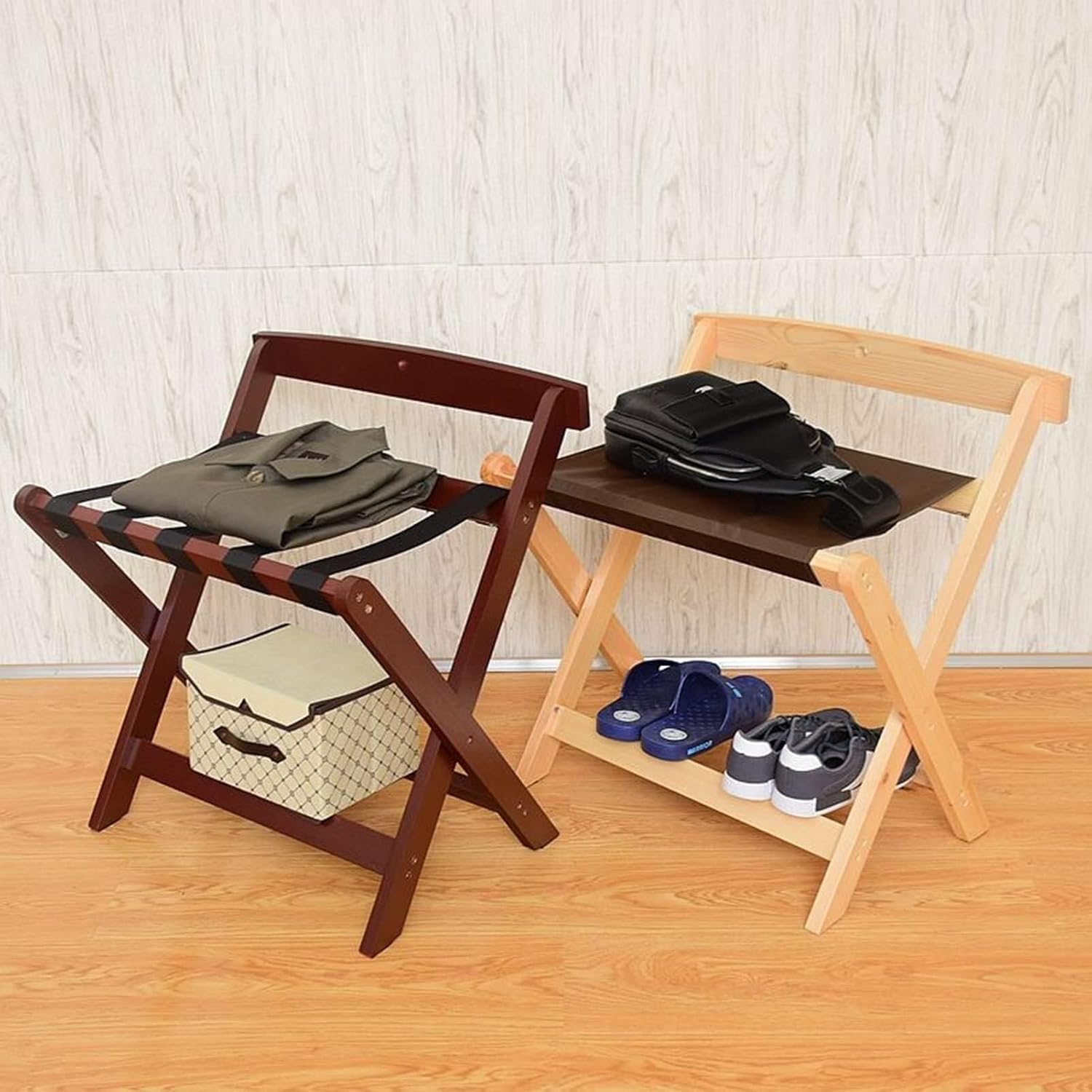 Luggage Rack 2 Pack - Double-Layer Solid Wood Suitcase Stand, Foldable Travel Bag Rack for Bedroom & Hotel, 60x48x55cm M