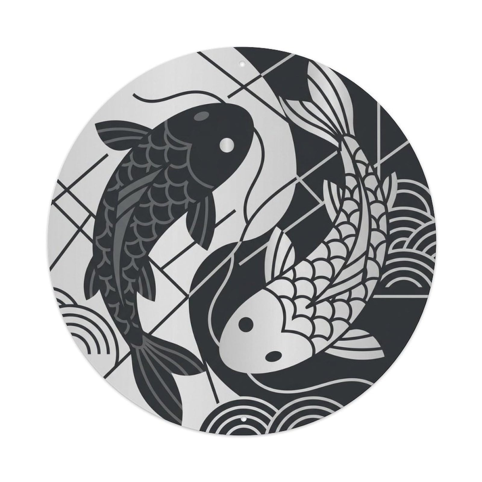 Tai Chi Koi Charcoal Yin Yang Symbol Classic Metal Tin Sign Plaque Wall Decor for Cafe, Man Cave, Club Bar, Office, Home Garden Round Metal Poster 8x8Inch