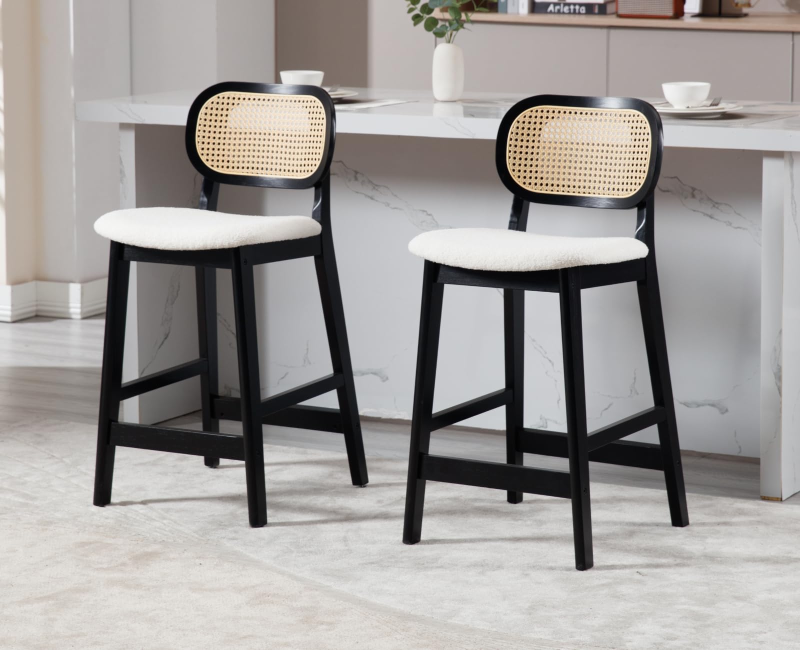 EALSON Counter Height Bar Stools Set of 2 Rattan Back Farmhouse Barstools Mid Century Modern Bar Chairs with Black Wood Legs Sherpa Upholstered Kitchen Island Stools for Pub/Breakfast Bar, Beige