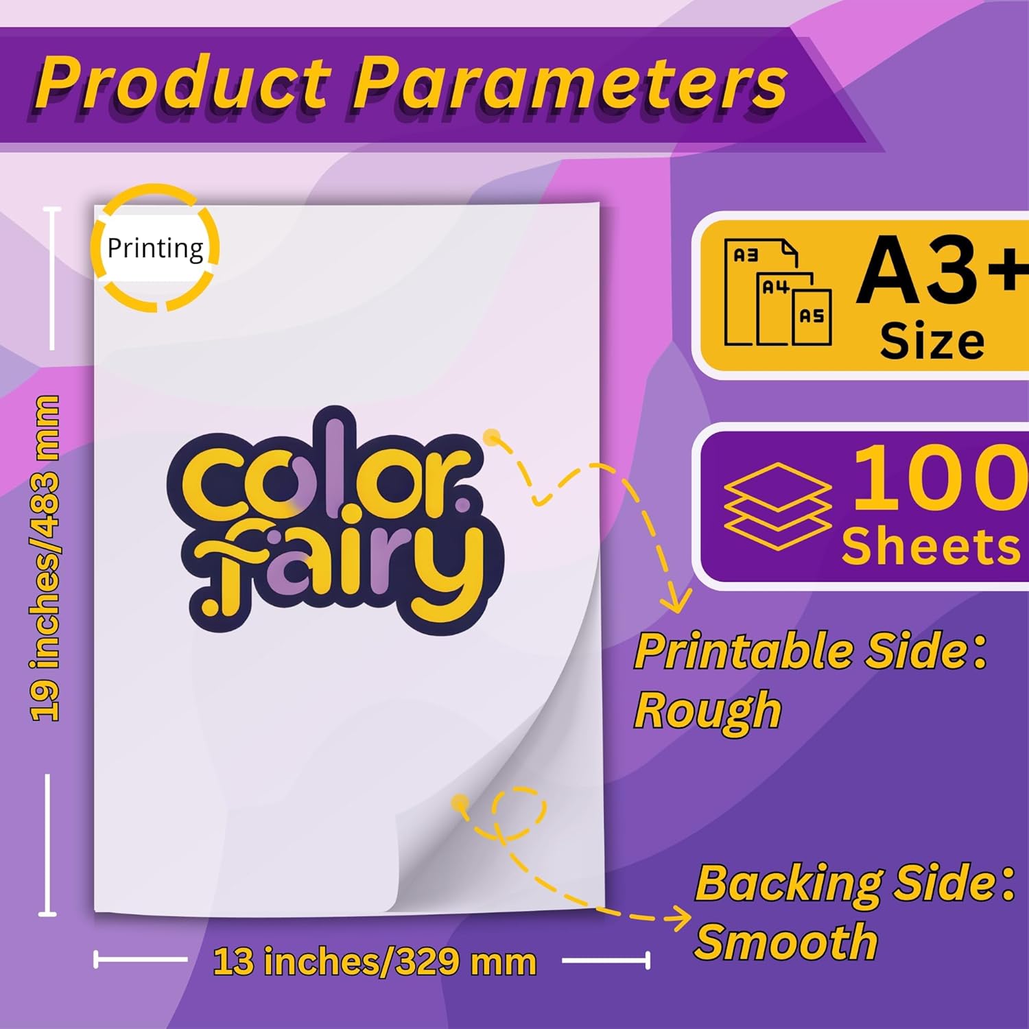 Colorfairy DTF Transfer Film 13" x 19", 100 of Sheets A3+ Double-Sided Matte PET Heat Transfer Paper, Universal for All T-Shirts & Dark Fabrics, Vibrant Colors, Easy Peel Hot/Cold