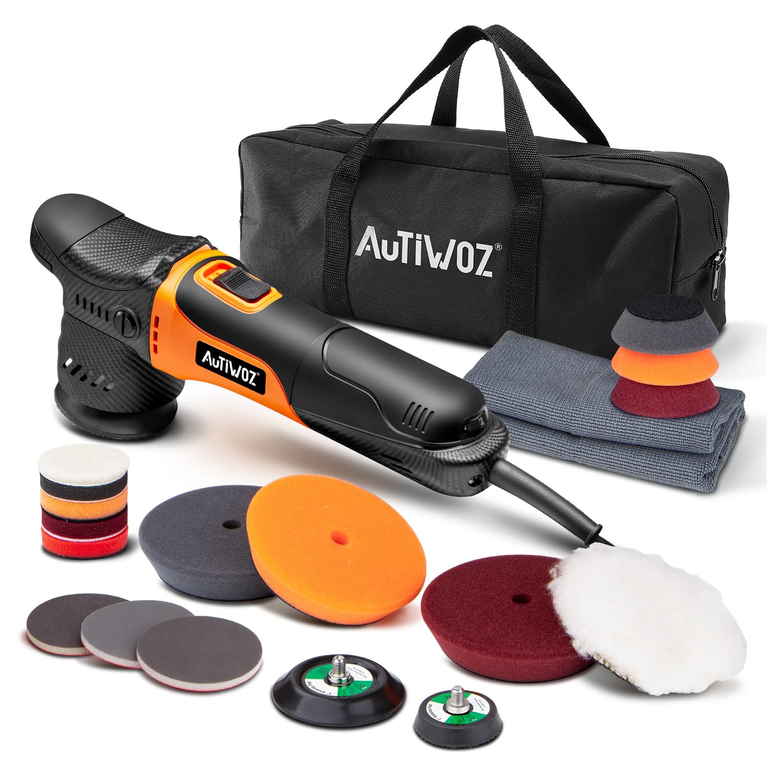 AUTIWOZ W02 630W Mini Polisseuse Voitures,Lustreuse Polisseur Excentrique | 50mm/75mm Plateau,Polissage Orbitale 12mm Pour Détail/Complet Véhicules/Phares,2500-7000tr/min,Démarrage Progressif,Lustrage