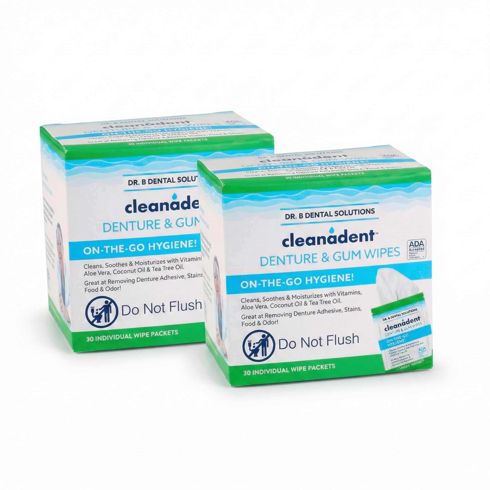 Dr. B Dental Solutions Cleanadent Wipes - Convenient Denture Cleaning Wipes, Refreshes Gums, No Artificial Colors/Flavors - 60 Count