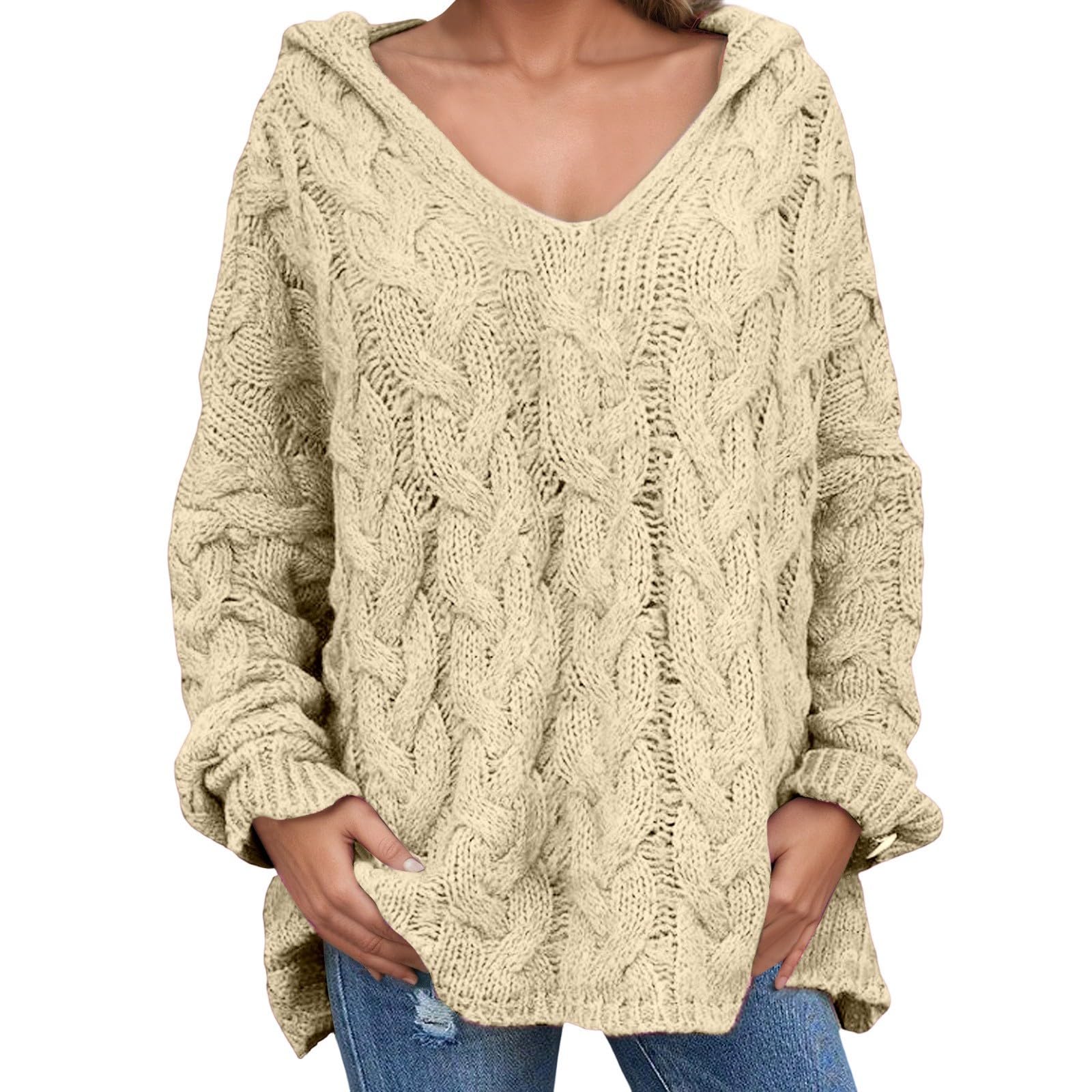 Cute Fall Sweaters Women Chunky Cable Knit Crewneck Long Sleeve Hoodies Pullover Oversized Comfy Loose Tunic Tops