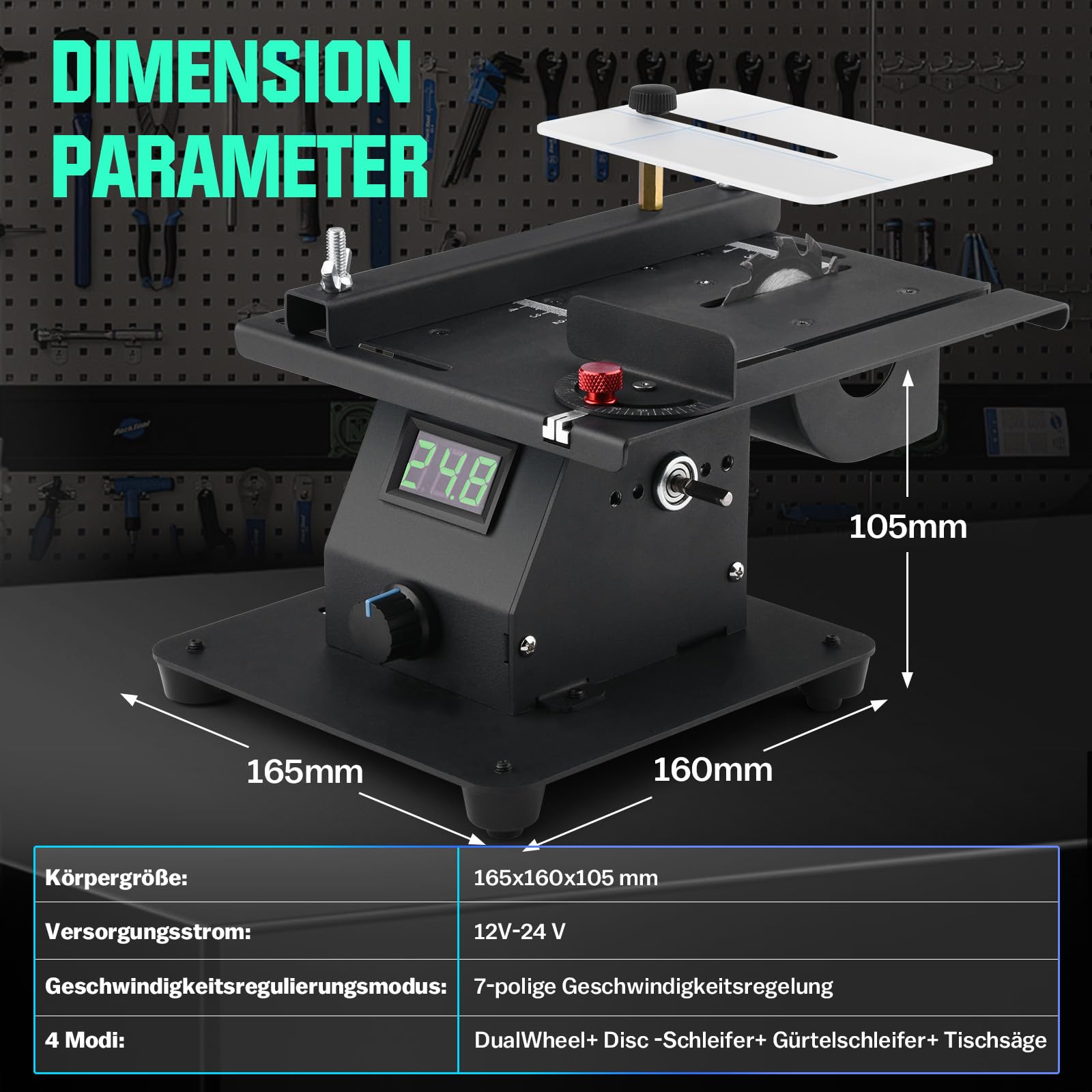 4-IN-1 Mini Tischkreissäge 350W mit LED-Voltanzeige, 0-90° Verstellbarer Bandschleifer mit 10 Schleifbänder, Doppelschleifmaschine, Multifunktionsgerät mit 7-stufig einstellbarer Geschwindigkeit