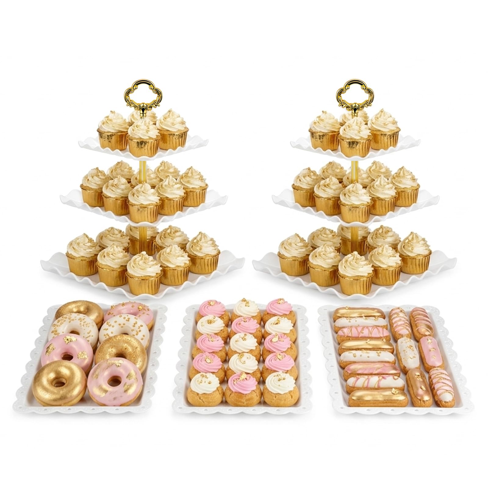 Photo 1 of NWK 5 Piece Cake Stand Set with 2 x Large 3-Tier Cupcake Stands, 3 x Appetizer Trays, for Wedding Birthday Baby Shower Tea Party Decorations (Gold)