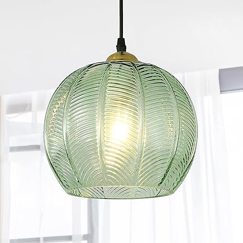 Lámpara colgante de cristal verde, lámpara colgante de globo grande individual de 9.8 pulgadas, diseño nórdico acanalado para colgar en el techo,