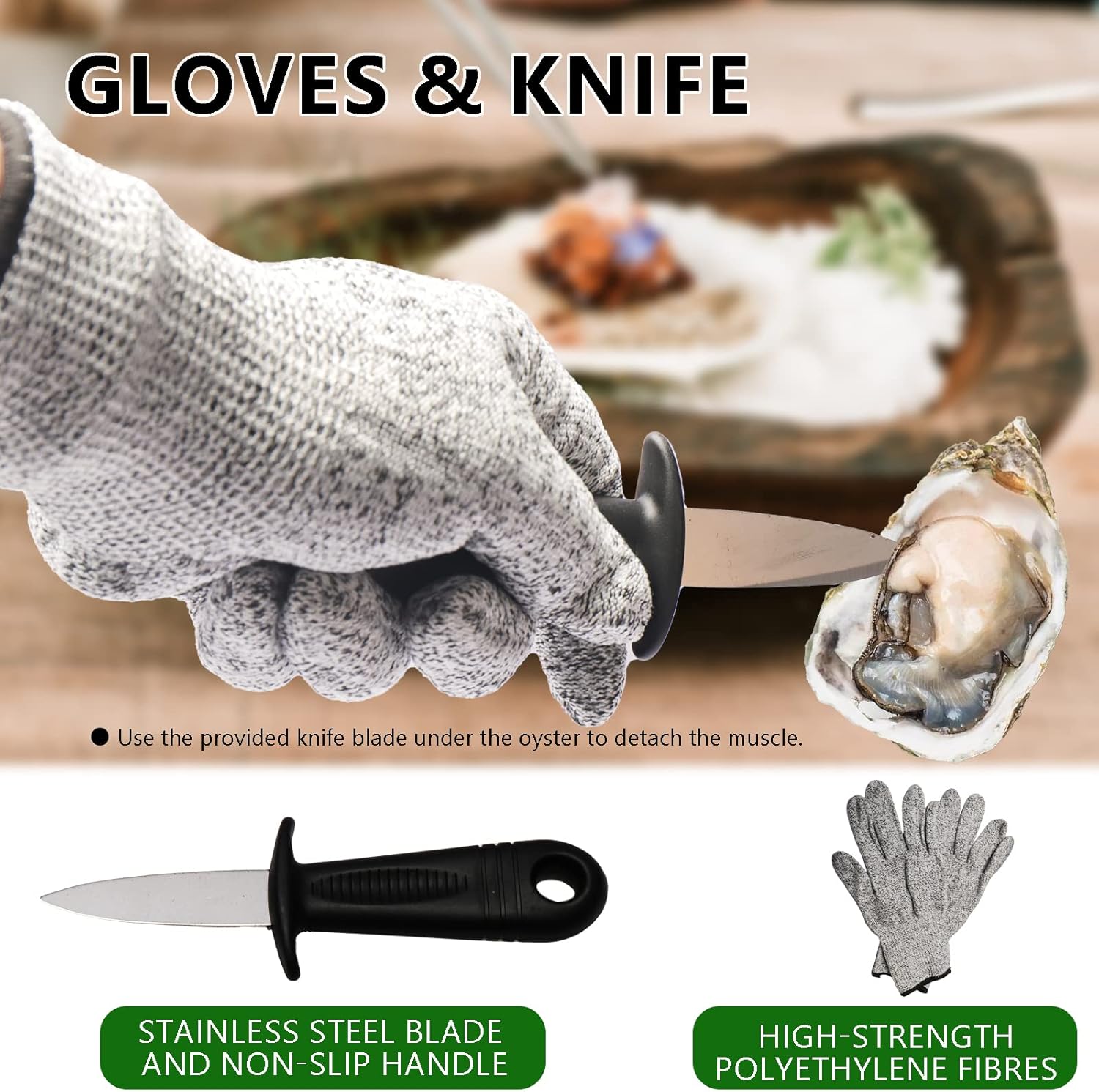 Oyster Shucker Tool Set - Adjustable Oyster Clam Opener Machine with 304 Stainless Steel Grillable Shucker Machine Set Including Knives, Glove and g-Clip